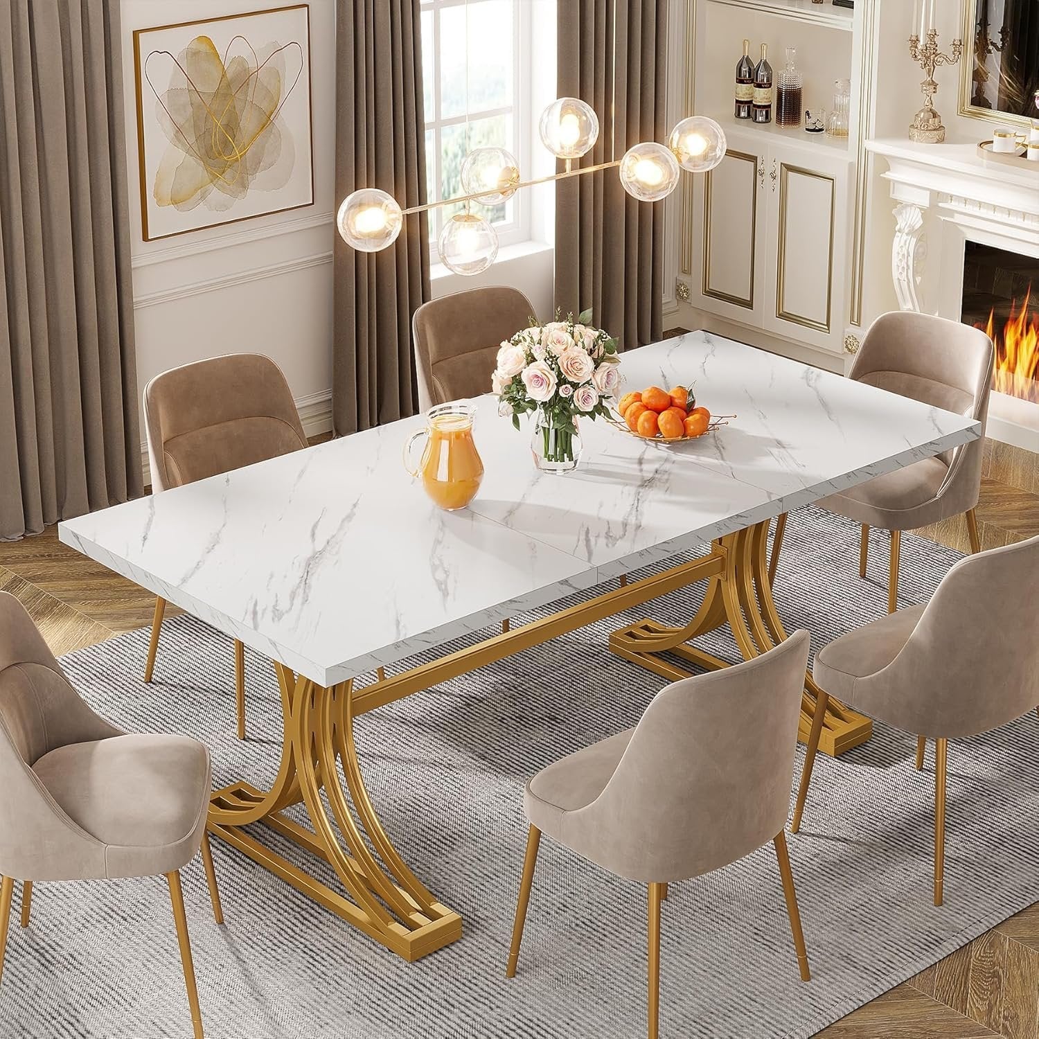 63" Faux Marble Dining Table, Sophisticated White and Gold Design with Metal Legs, Seats Six.