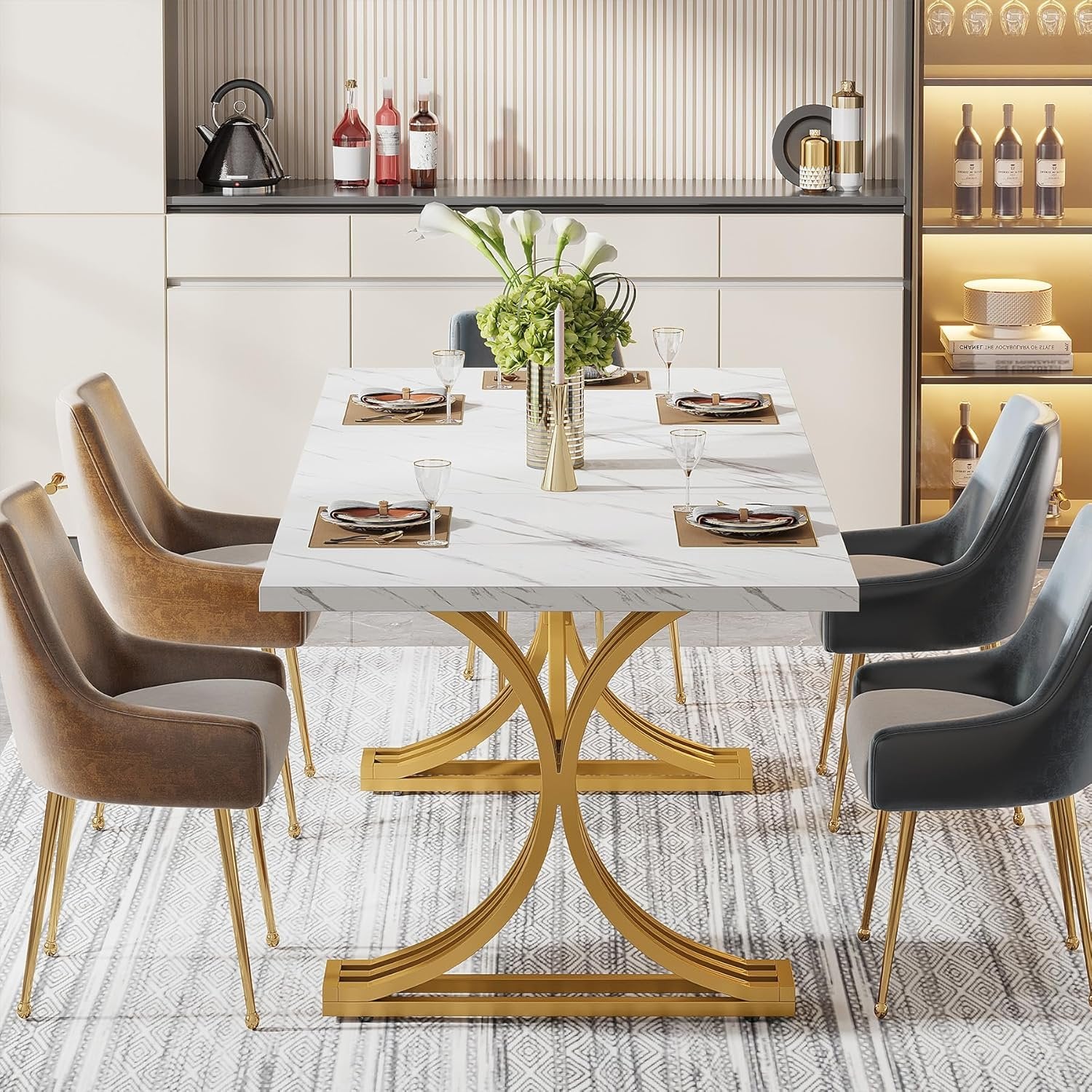 63" Faux Marble Dining Table, Sophisticated White and Gold Design with Metal Legs, Seats Six.