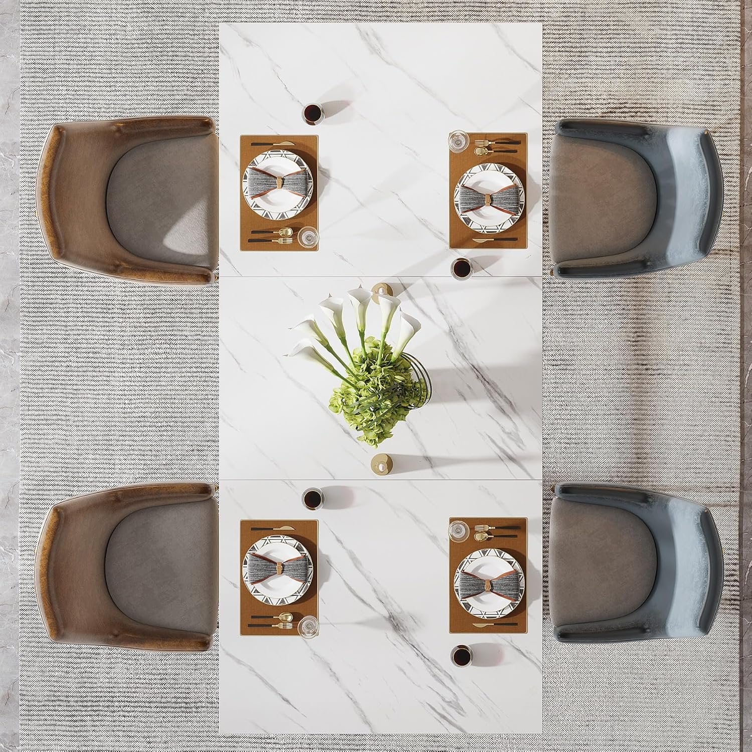 63" Faux Marble Dining Table, Sophisticated White and Gold Design with Metal Legs, Seats Six.
