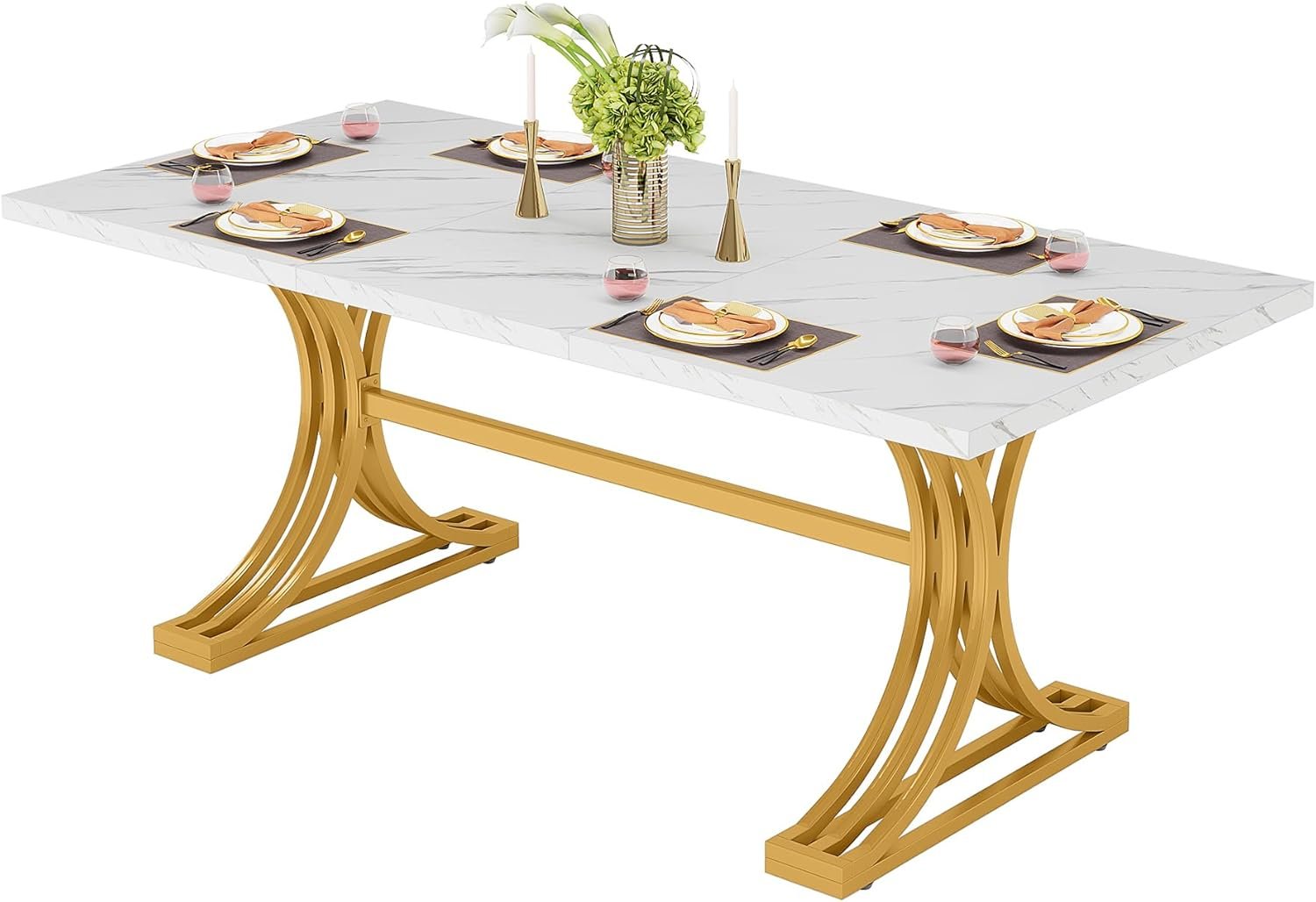 63" Faux Marble Dining Table, Sophisticated White and Gold Design with Metal Legs, Seats Six.