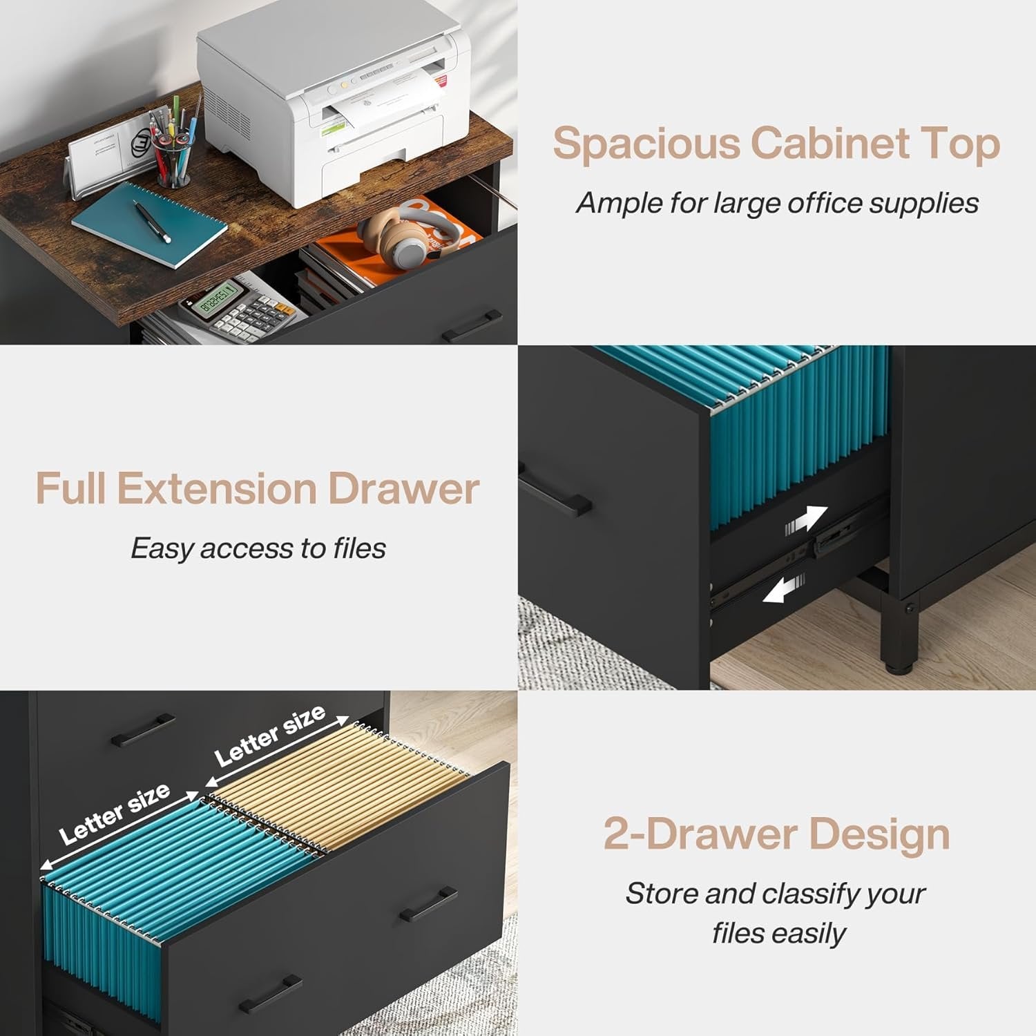 Tribesigns 2-Drawer Wooden File Cabinet, Compact Lateral Organizer for A4 and Letter Sizes