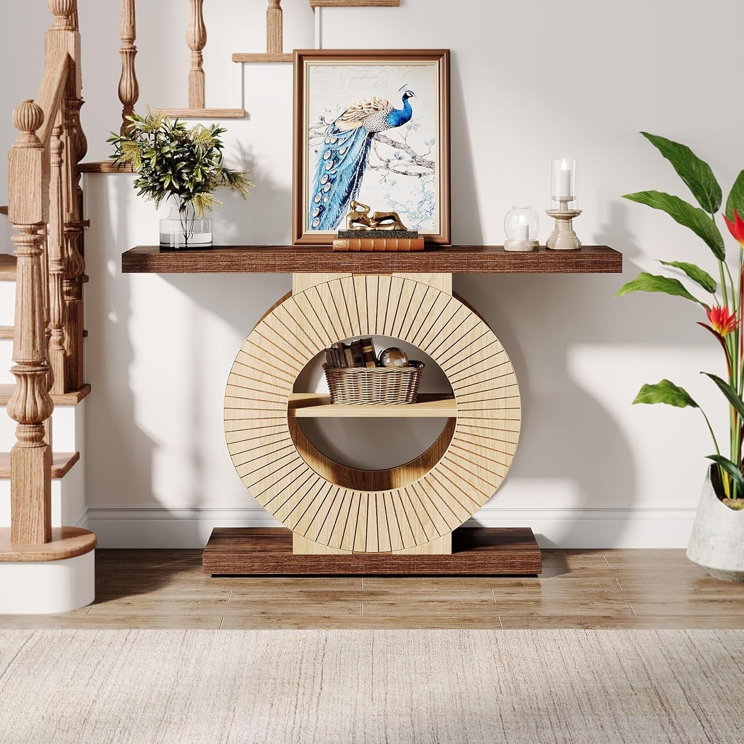 Tribesigns Console Table with Storage Shelves, Entryway Sofa Table with Circular Base