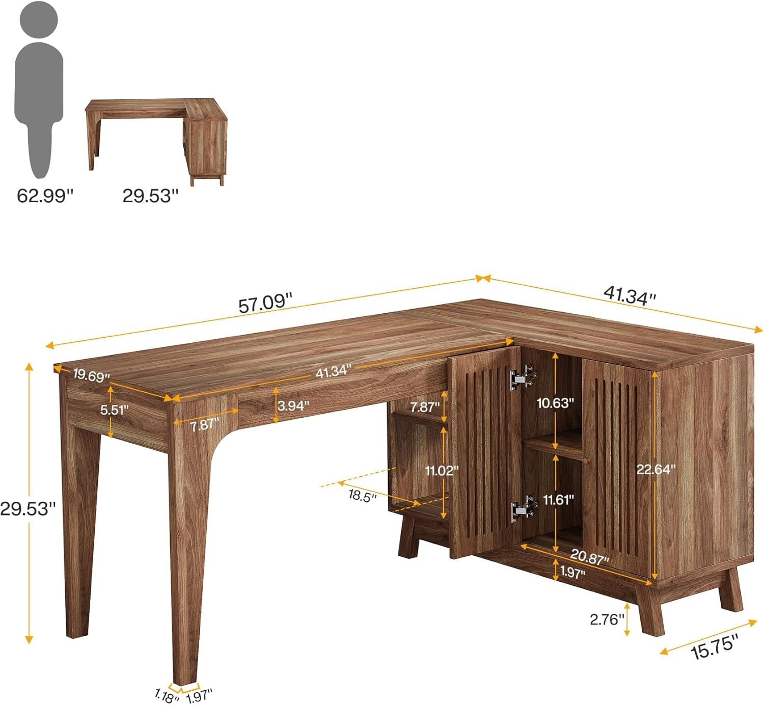 57-Inch L-Shaped Corner Desk with Storage Cabinet, Wood Home Office Workstation and Study Writing Table