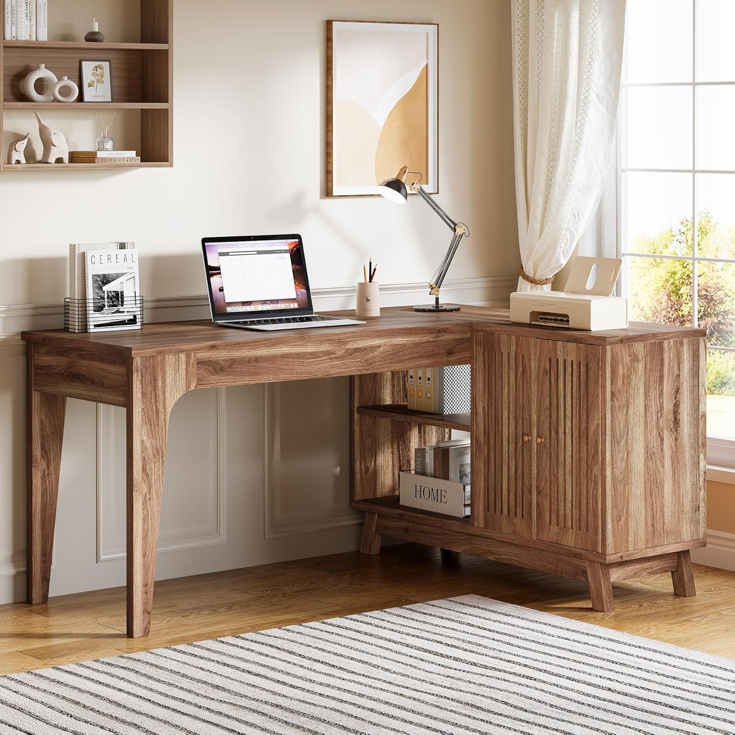 57-Inch L-Shaped Corner Desk with Storage Cabinet, Wood Home Office Workstation and Study Writing Table