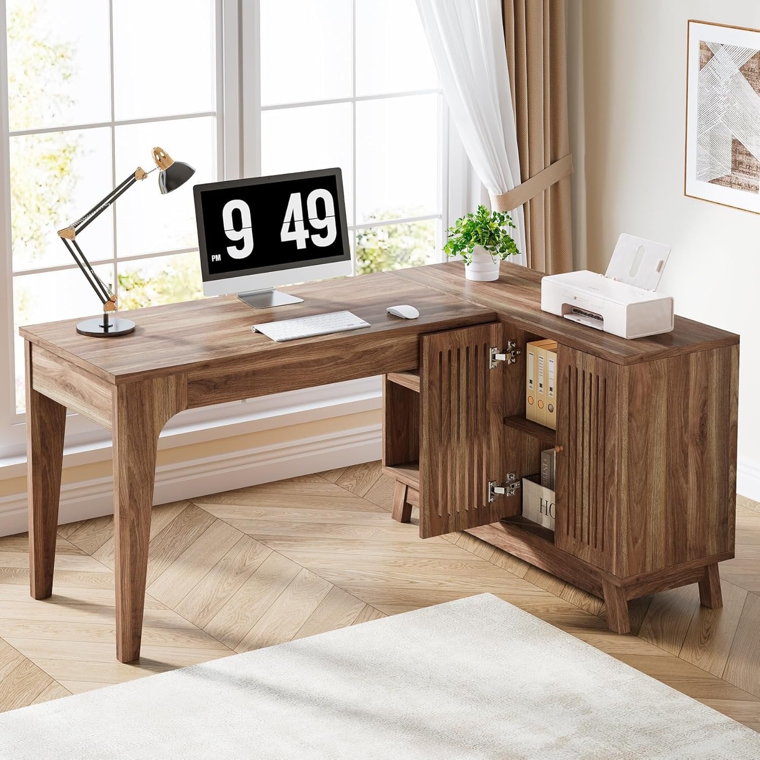 57-Inch L-Shaped Corner Desk with Storage Cabinet, Wood Home Office Workstation and Study Writing Table