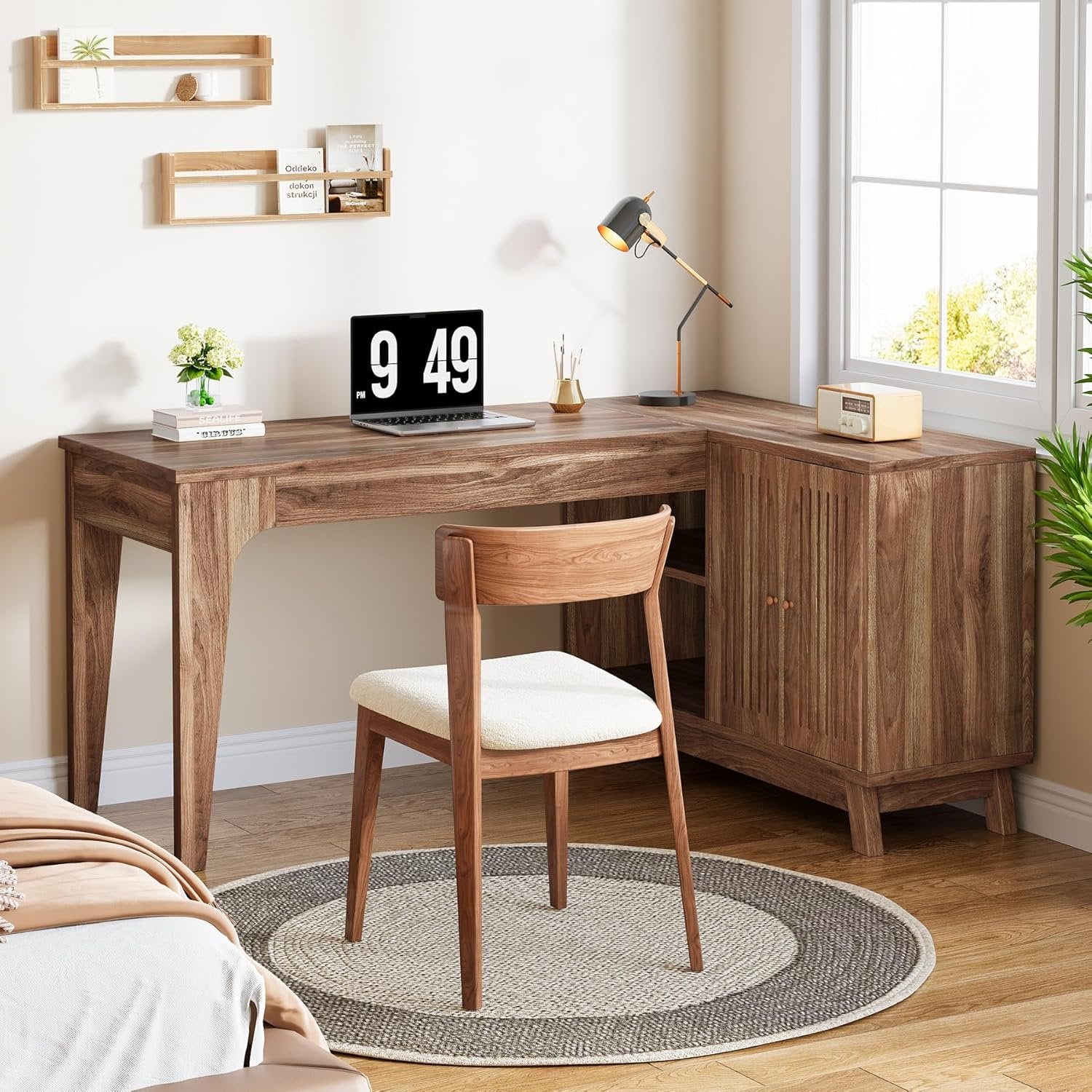 57-Inch L-Shaped Corner Desk with Storage Cabinet, Wood Home Office Workstation and Study Writing Table