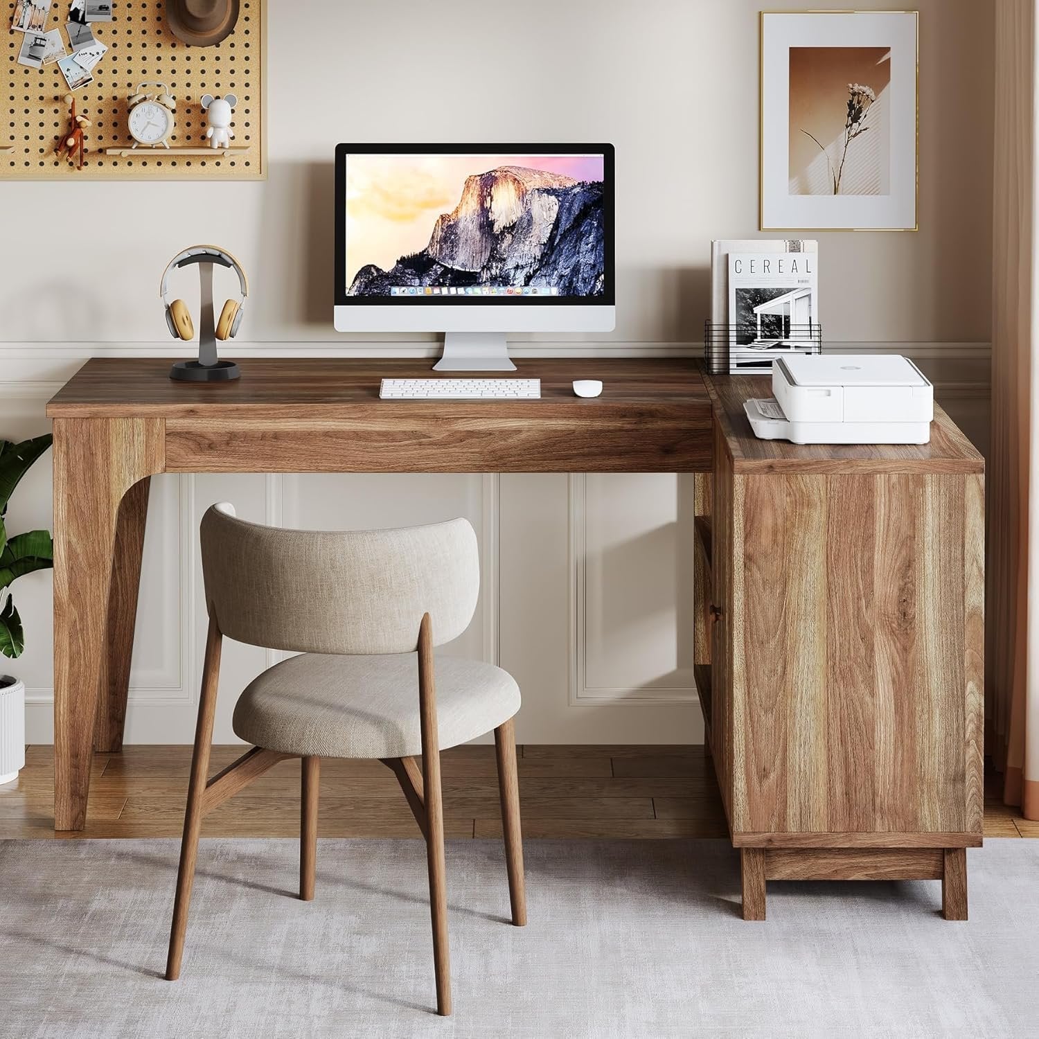 57-Inch L-Shaped Corner Desk with Storage Cabinet, Wood Home Office Workstation and Study Writing Table
