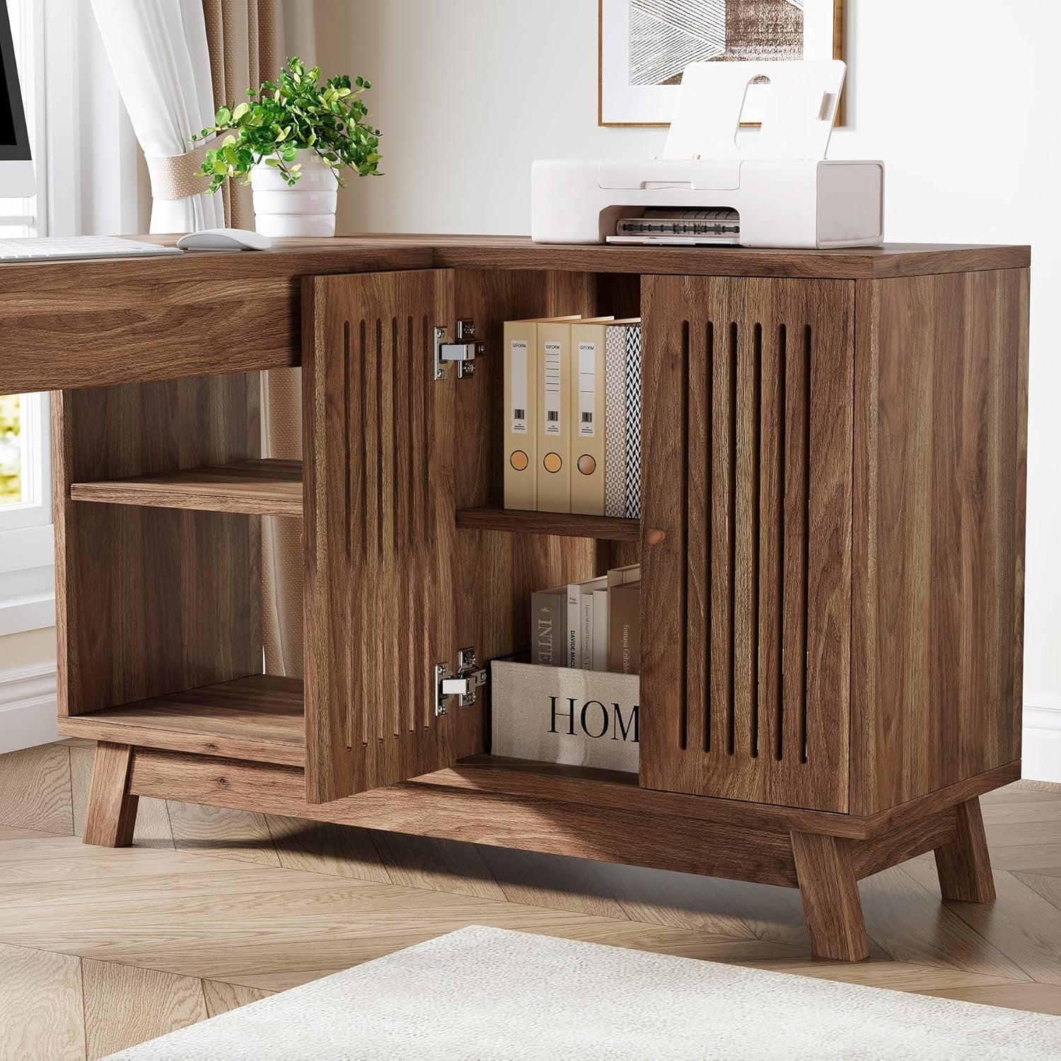 57-Inch L-Shaped Corner Desk with Storage Cabinet, Wood Home Office Workstation and Study Writing Table