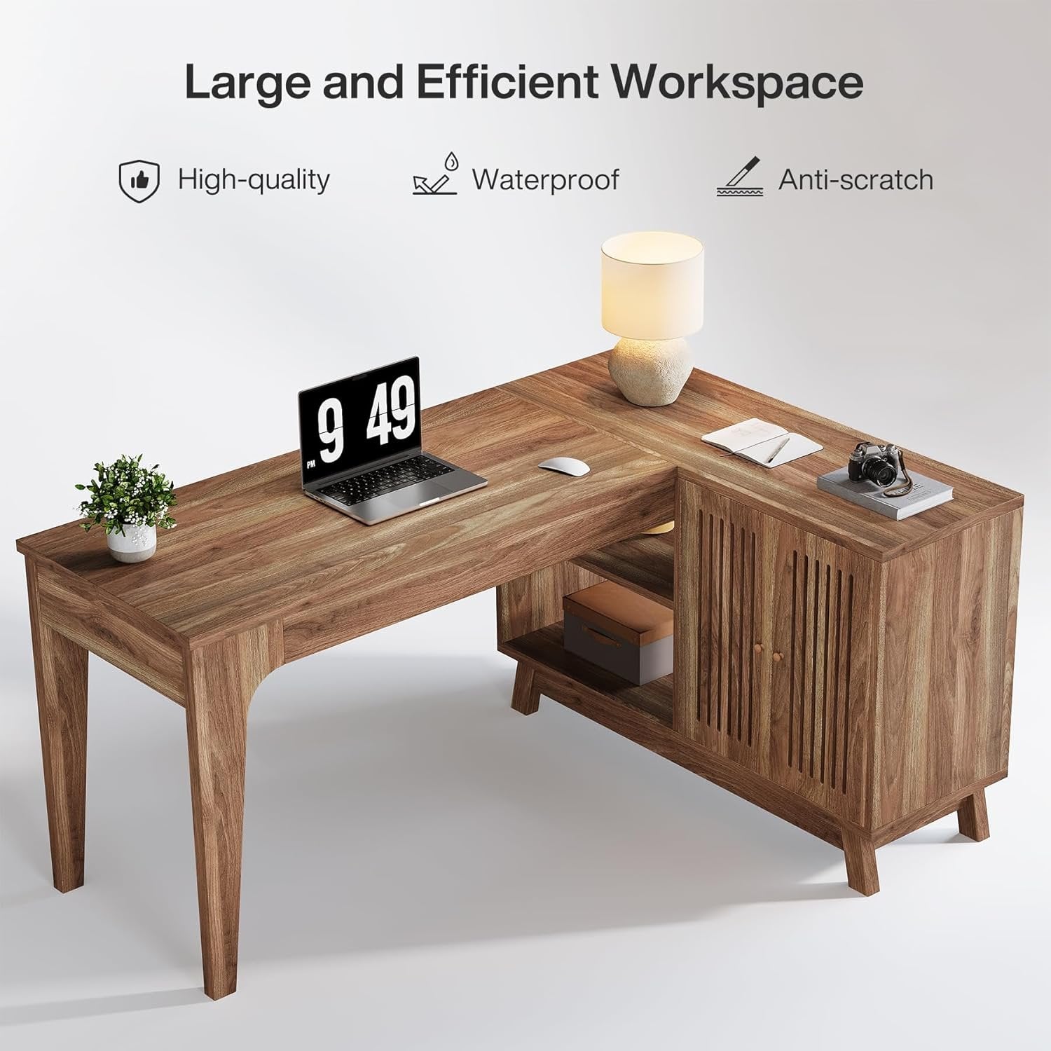 57-Inch L-Shaped Corner Desk with Storage Cabinet, Wood Home Office Workstation and Study Writing Table