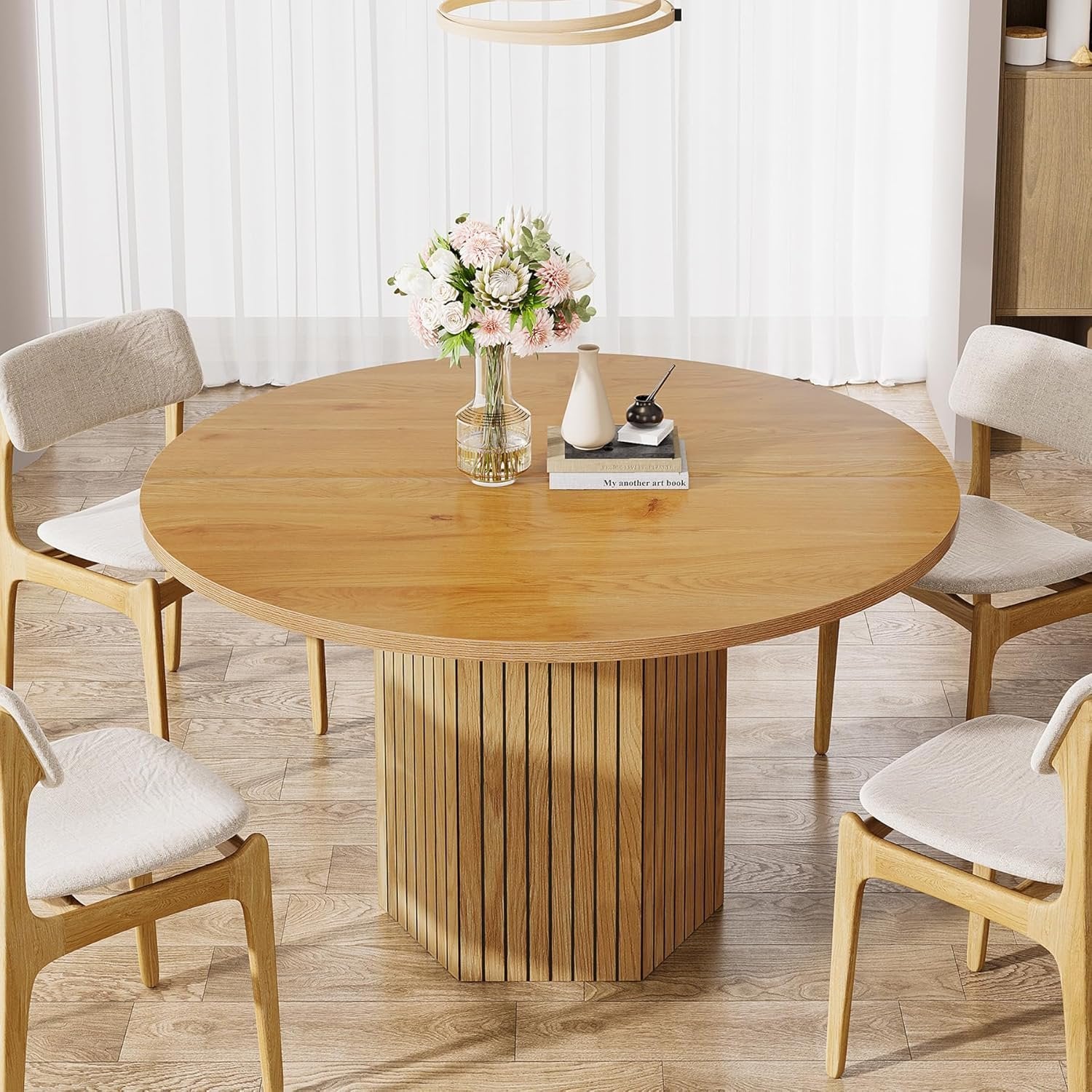 47" Round Wood Dining Table for 4 - Natural Oak Tabletop with Heavy Duty Pedestal Base