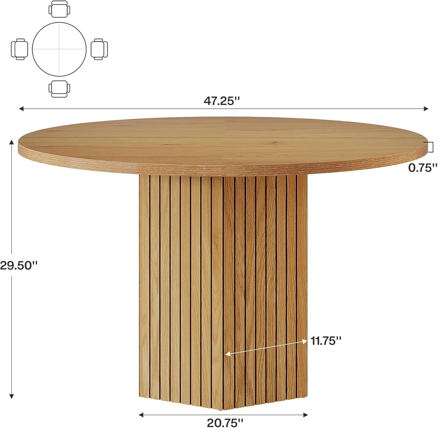 47" Round Wood Dining Table for 4 - Natural Oak Tabletop with Heavy Duty Pedestal Base
