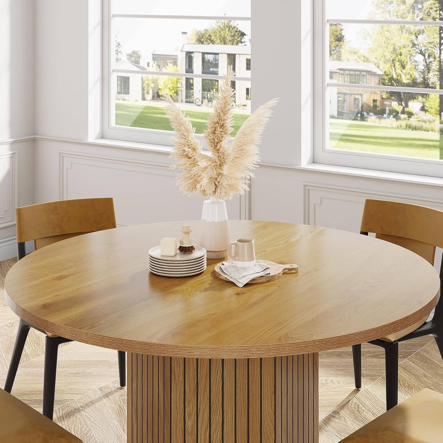 47" Round Wood Dining Table for 4 - Natural Oak Tabletop with Heavy Duty Pedestal Base