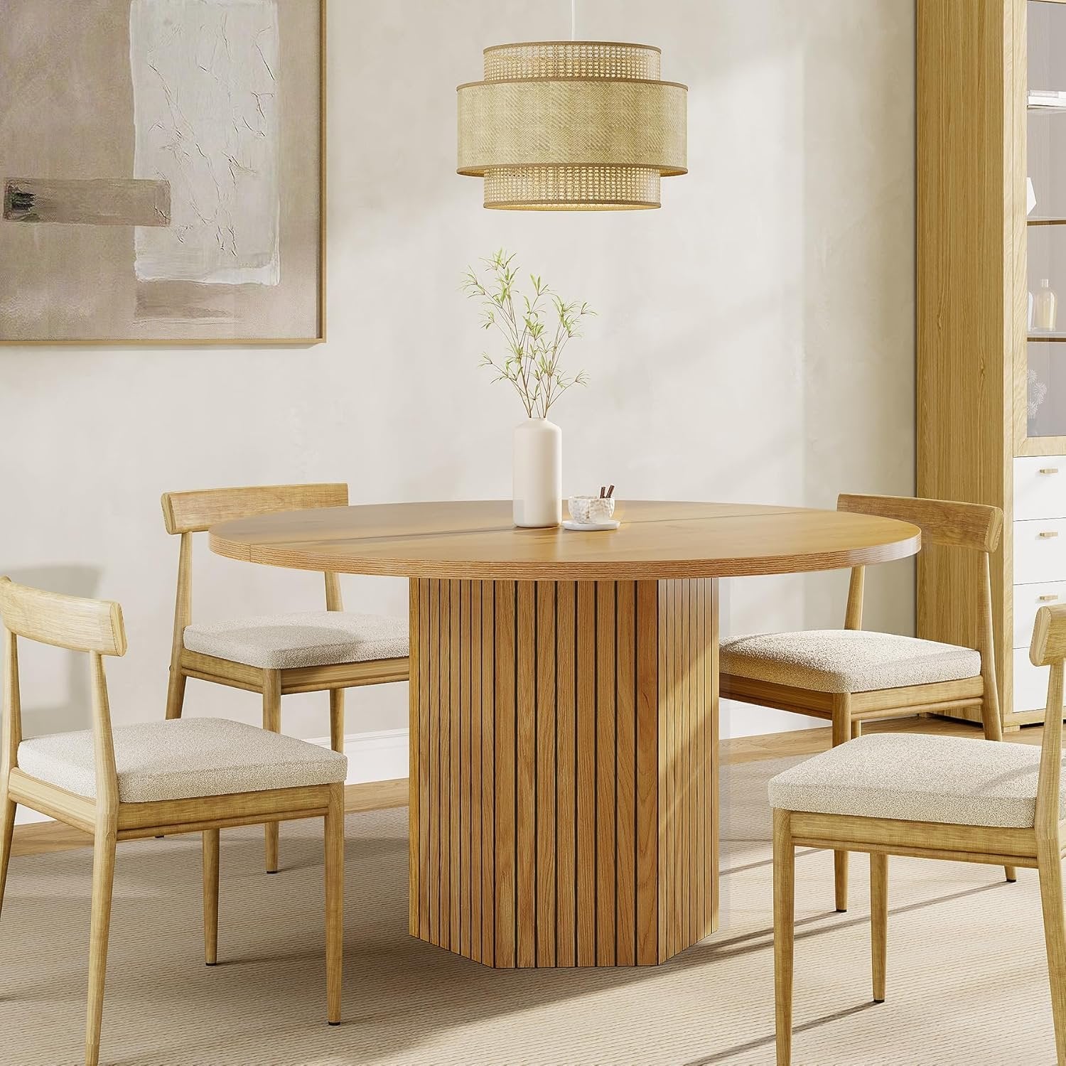 47" Round Wood Dining Table for 4 - Natural Oak Tabletop with Heavy Duty Pedestal Base