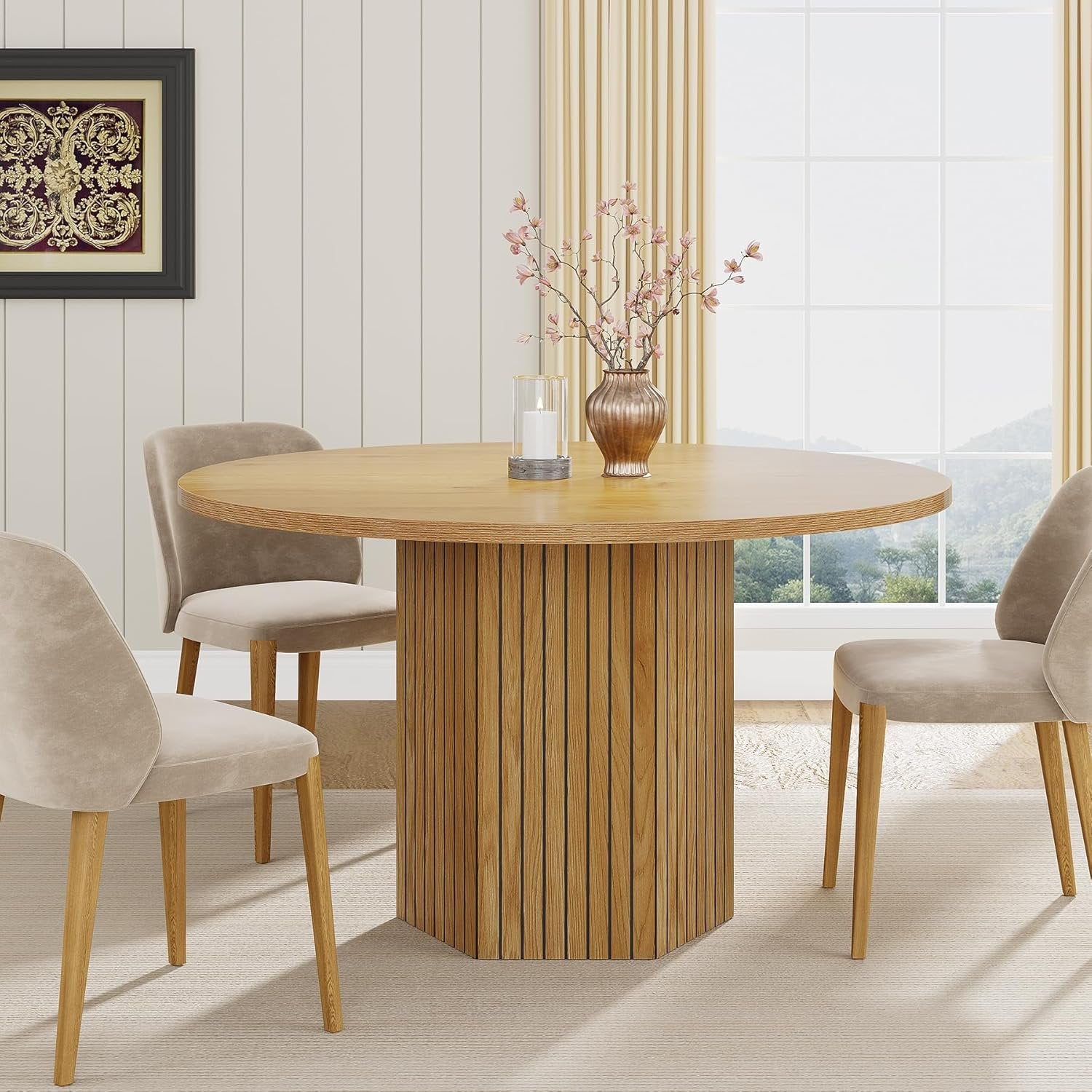 47" Round Wood Dining Table for 4 - Natural Oak Tabletop with Heavy Duty Pedestal Base