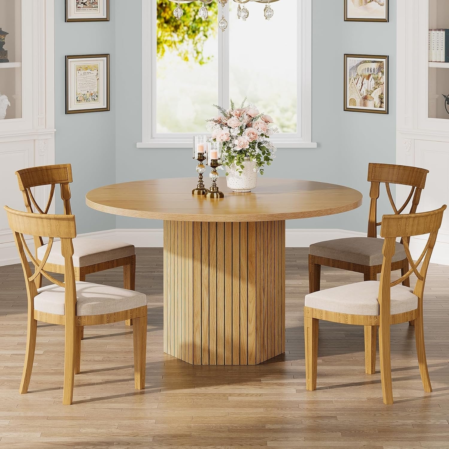47" Round Wood Dining Table for 4 - Natural Oak Tabletop with Heavy Duty Pedestal Base