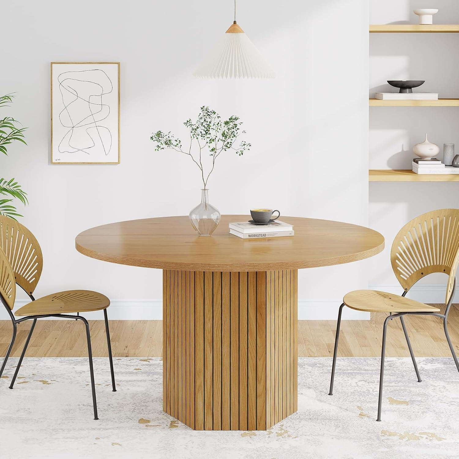 47" Round Wood Dining Table for 4 - Natural Oak Tabletop with Heavy Duty Pedestal Base