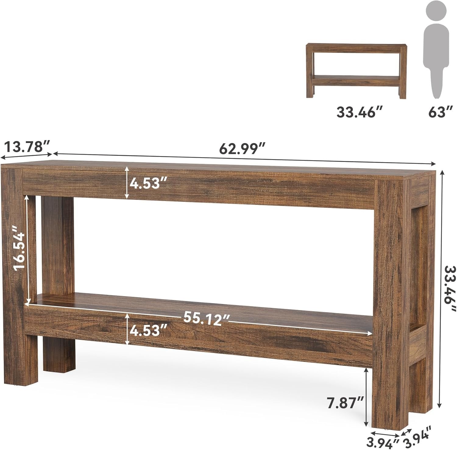 63" Farmhouse Console Table, Long Narrow Sofa Table with 2 Shelves for Entryway and Living Room