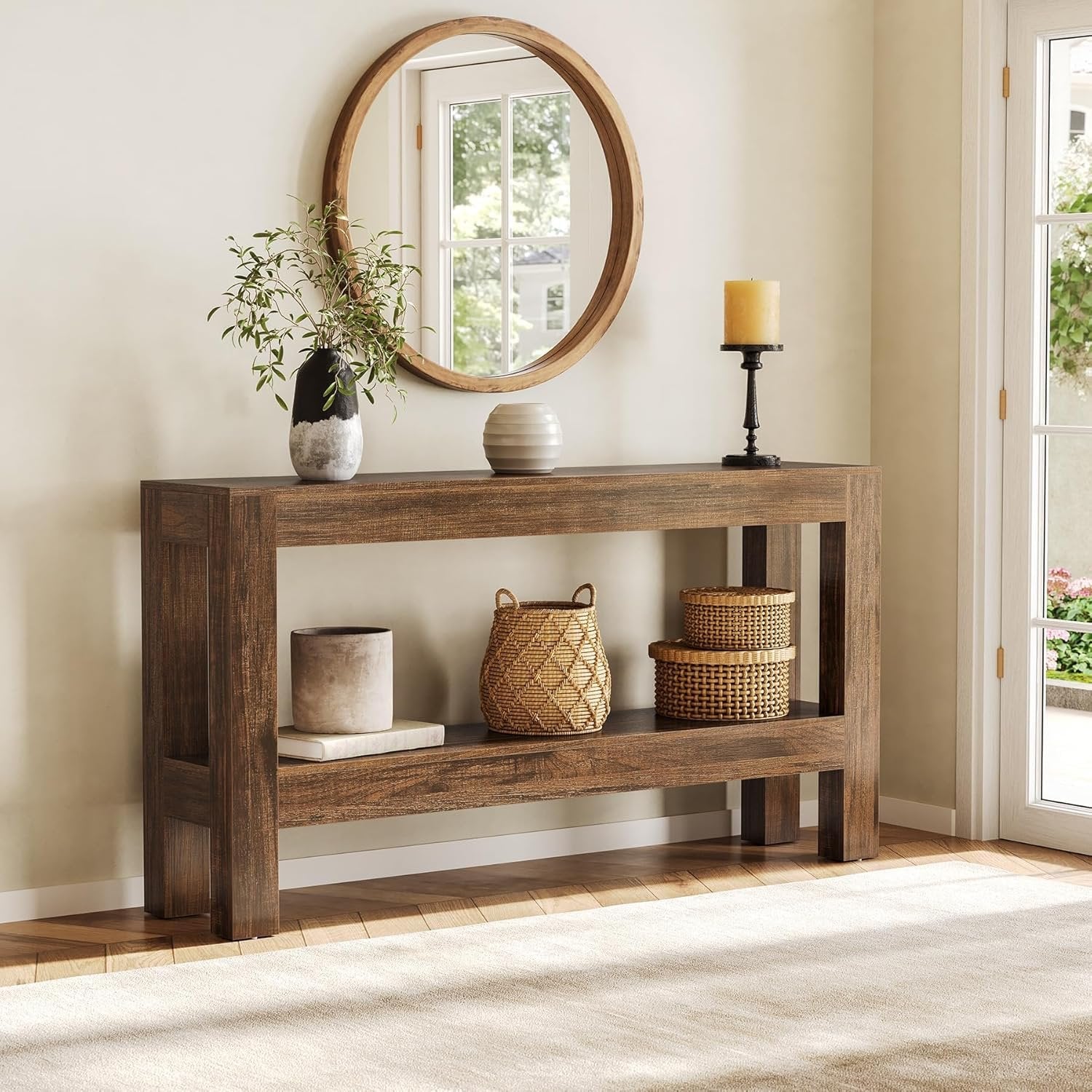 63" Farmhouse Console Table, Long Narrow Sofa Table with 2 Shelves for Entryway and Living Room