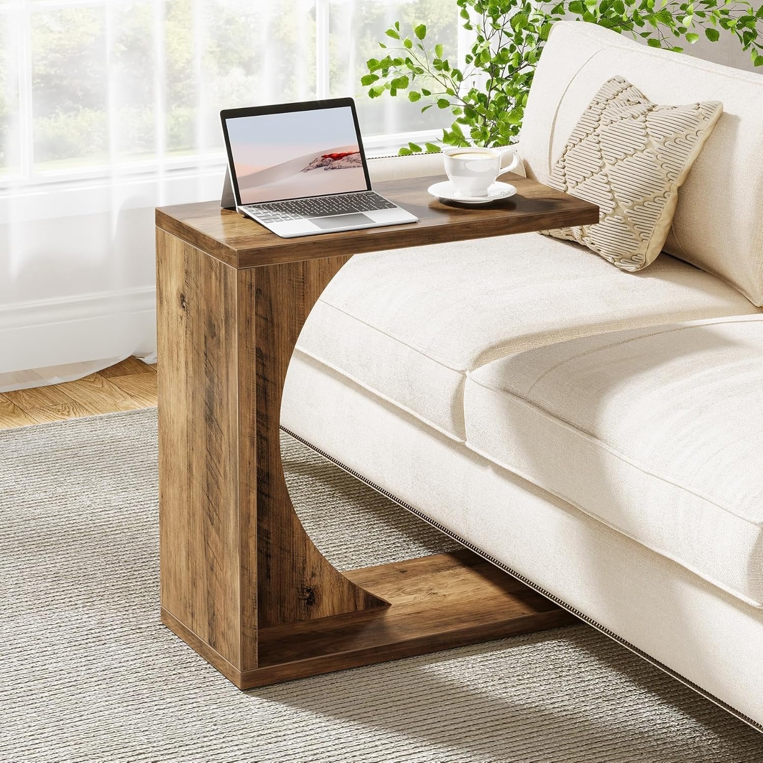 C Shaped End Table for Couch in Rustic Brown, Small Wooden Bedside Table Laptop Work Desk
