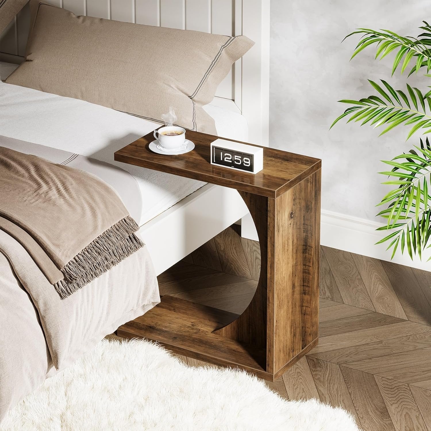 C Shaped End Table for Couch in Rustic Brown, Small Wooden Bedside Table Laptop Work Desk