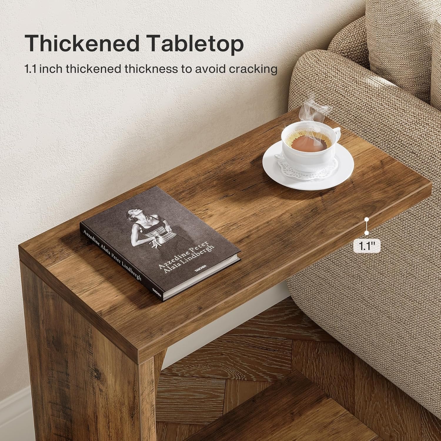 C Shaped End Table for Couch in Rustic Brown, Small Wooden Bedside Table Laptop Work Desk