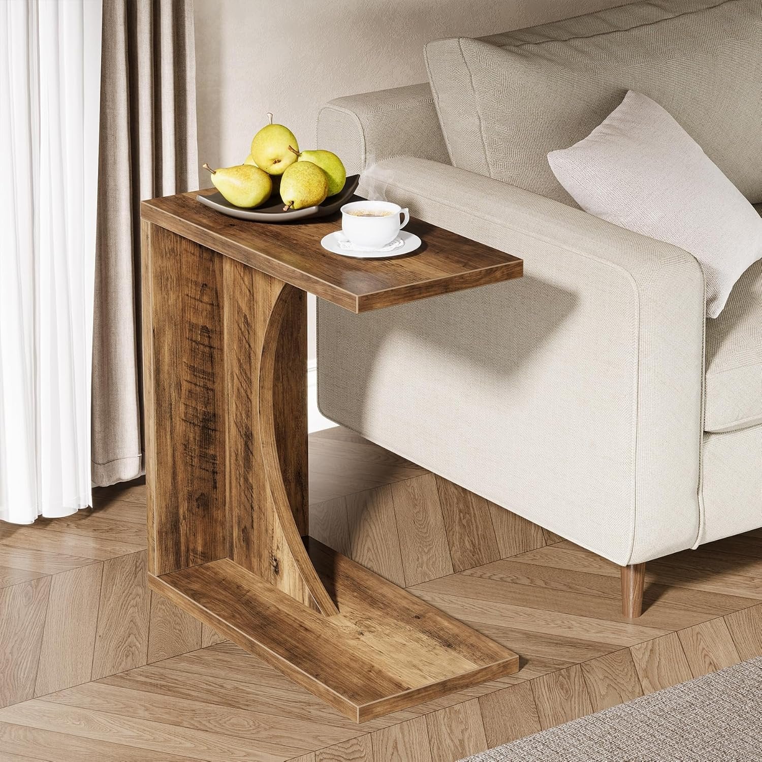 C Shaped End Table for Couch in Rustic Brown, Small Wooden Bedside Table Laptop Work Desk