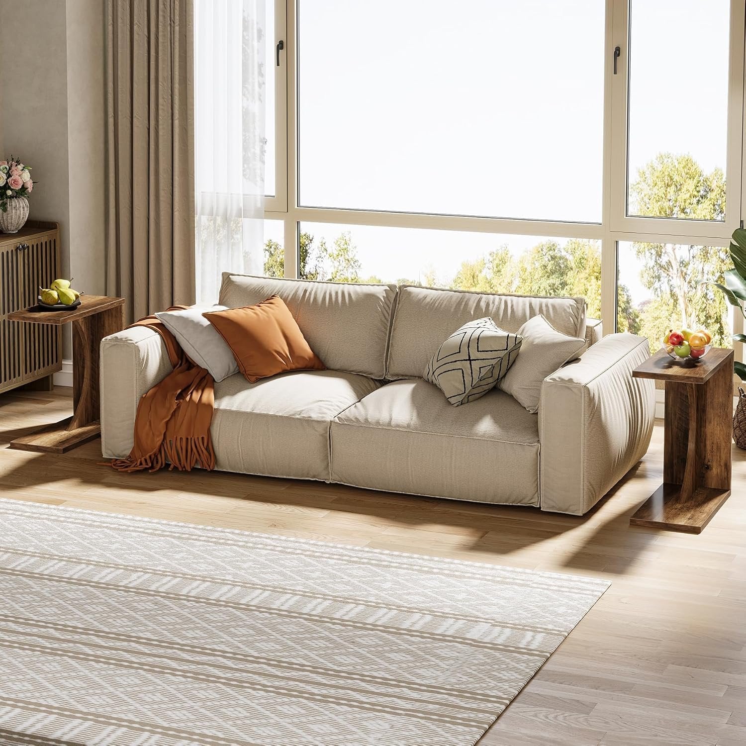 C Shaped End Table for Couch in Rustic Brown, Small Wooden Bedside Table Laptop Work Desk