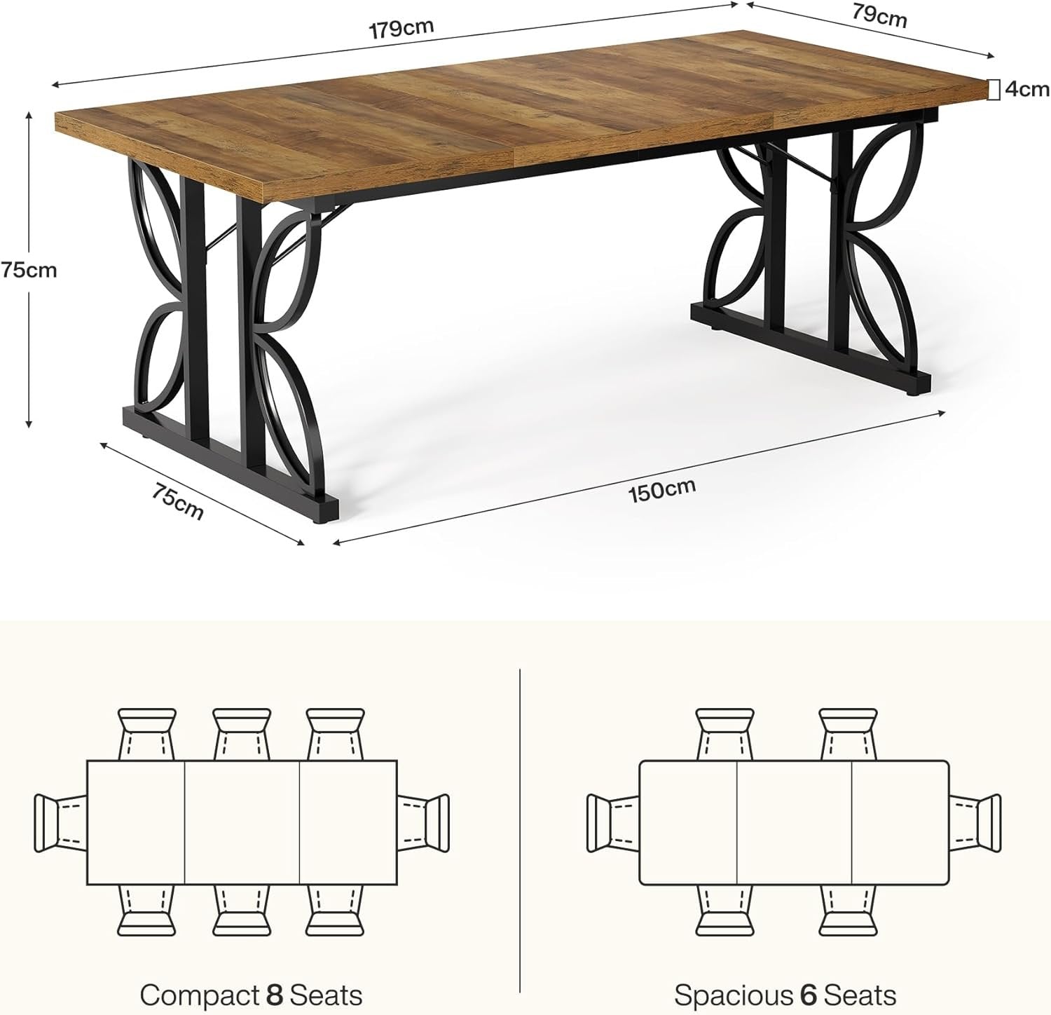 71 x 31.5 Inch Industrial Rectangular Dining Table, Kitchen Table with Metal Base in Brown