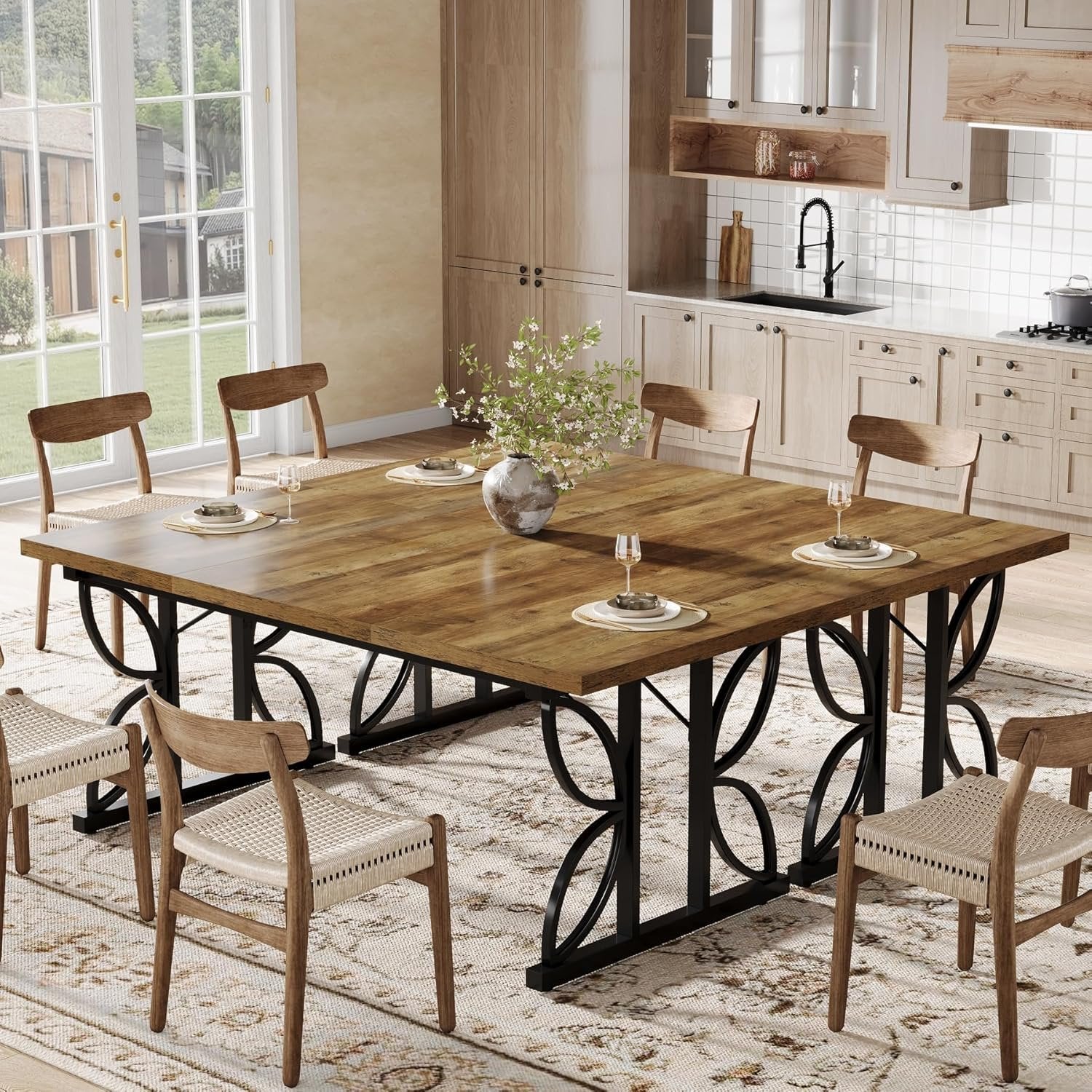 71 x 31.5 Inch Industrial Rectangular Dining Table, Kitchen Table with Metal Base in Brown