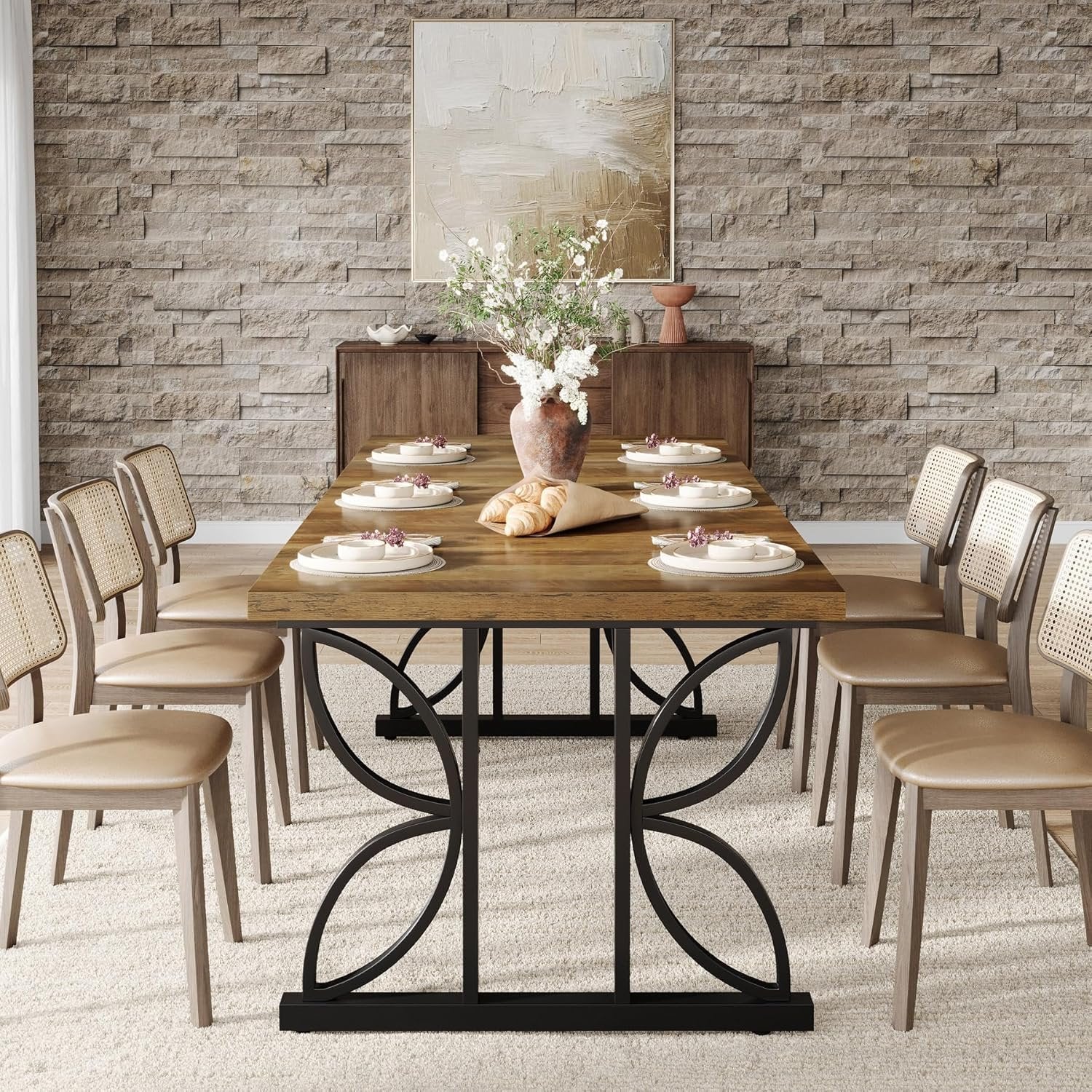 71 x 31.5 Inch Industrial Rectangular Dining Table, Kitchen Table with Metal Base in Brown
