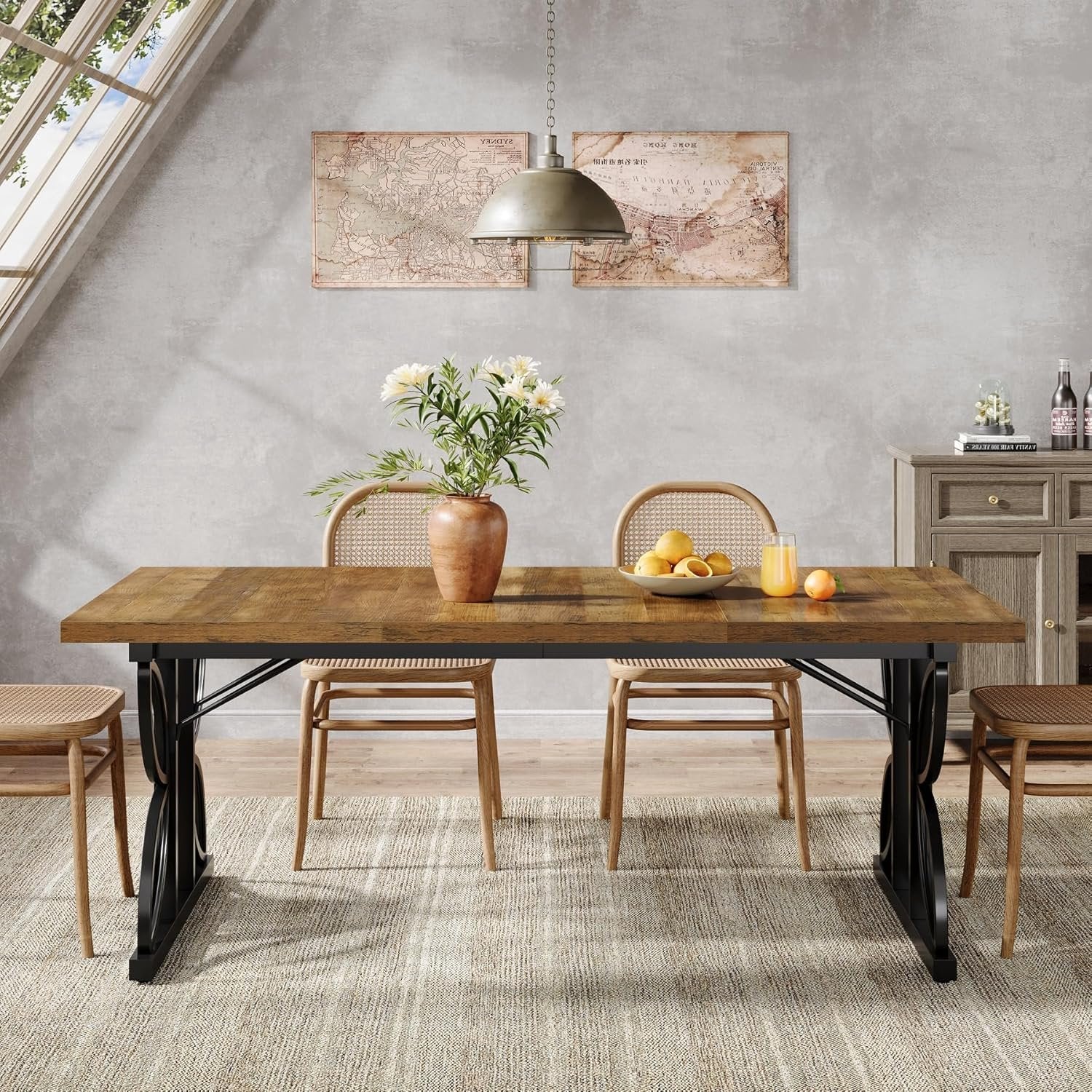71 x 31.5 Inch Industrial Rectangular Dining Table, Kitchen Table with Metal Base in Brown