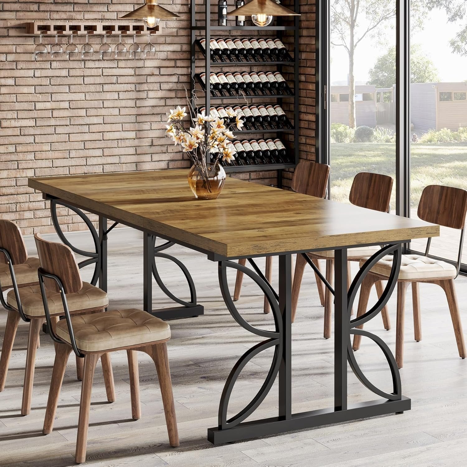 71 x 31.5 Inch Industrial Rectangular Dining Table, Kitchen Table with Metal Base in Brown
