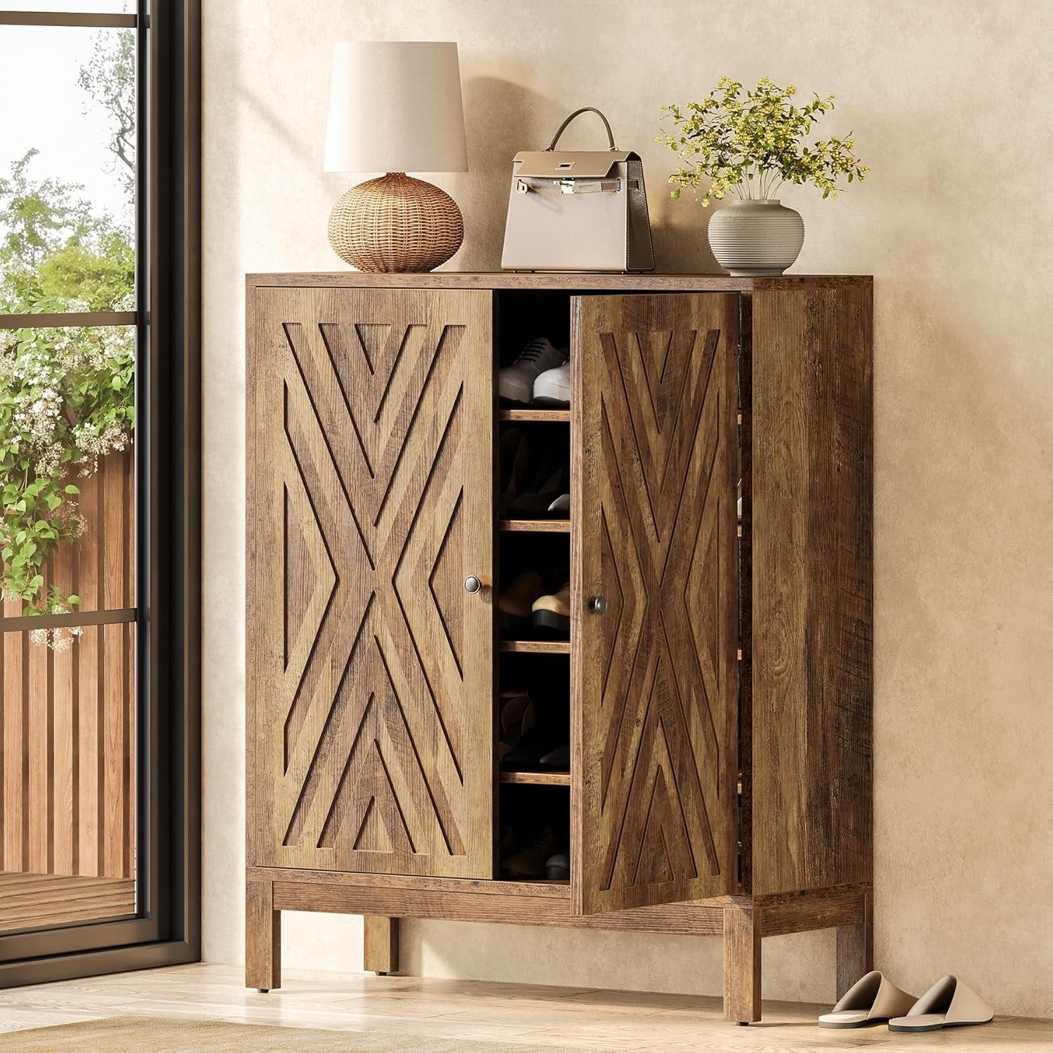 5-Tier Shoe Cabinet for Entryway, Brown Wooden Organizer with Adjustable Shelves
