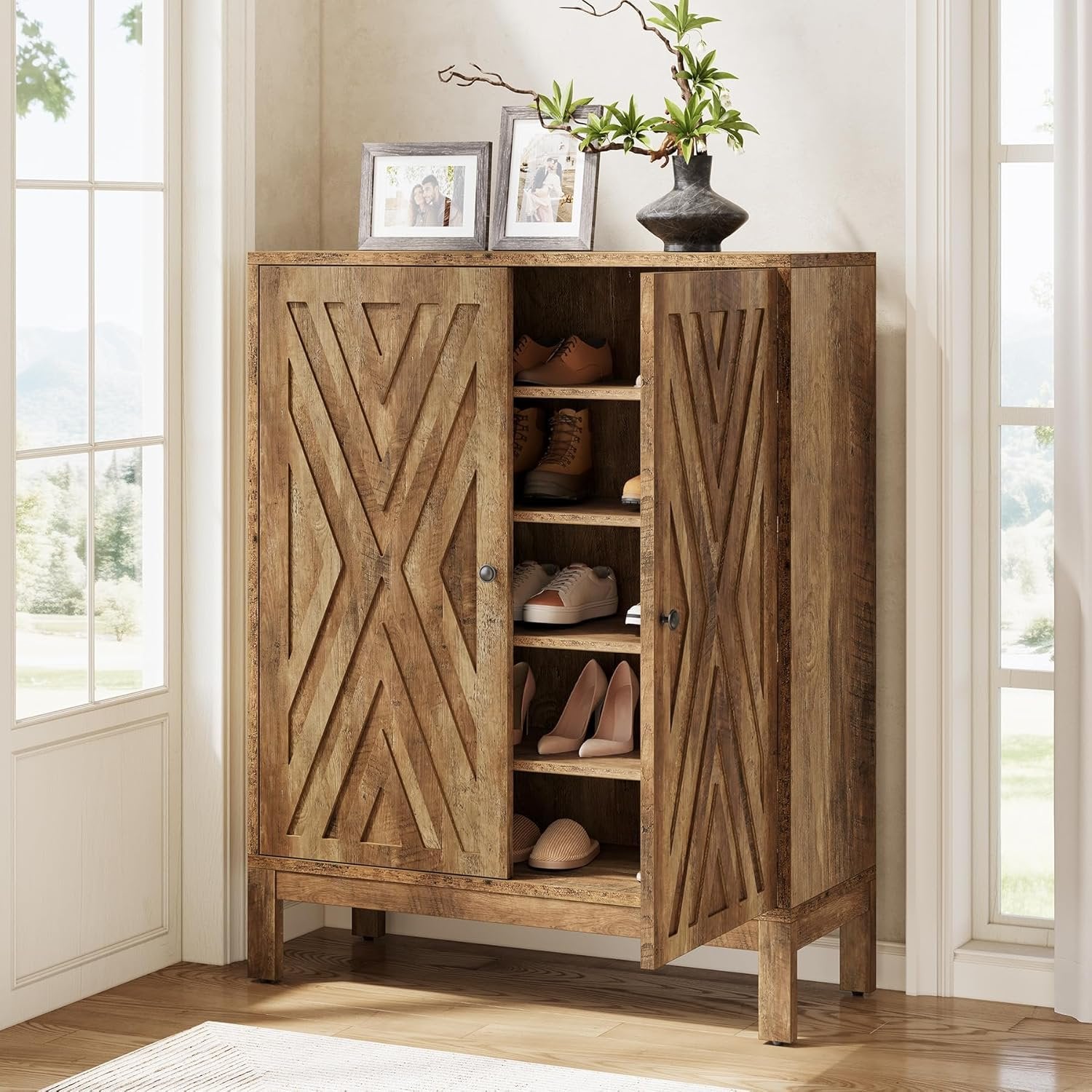 5-Tier Shoe Cabinet for Entryway, Brown Wooden Organizer with Adjustable Shelves