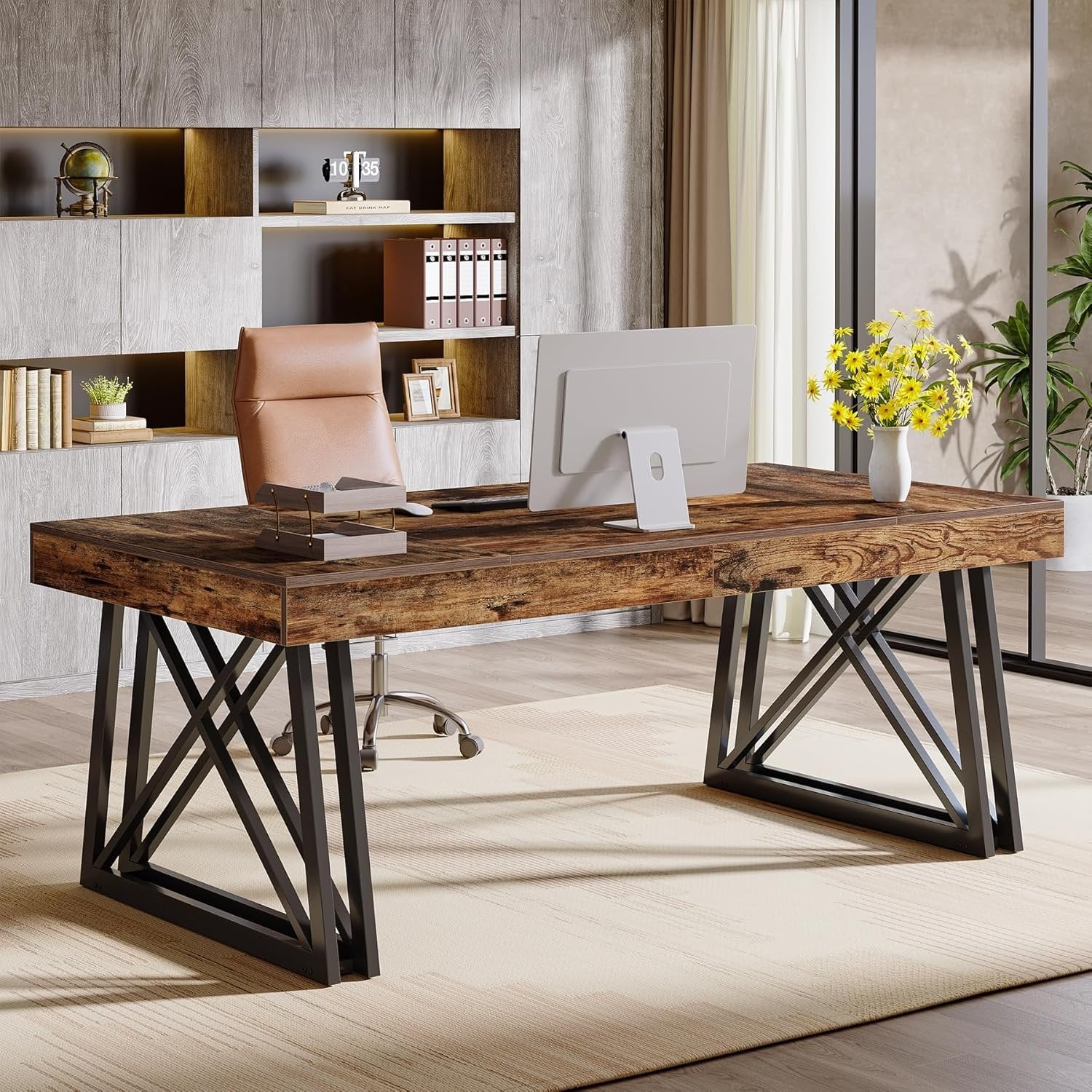 63" Rustic Executive Desk - Farmhouse Office Computer Desk with X-Legs, Brown & Black