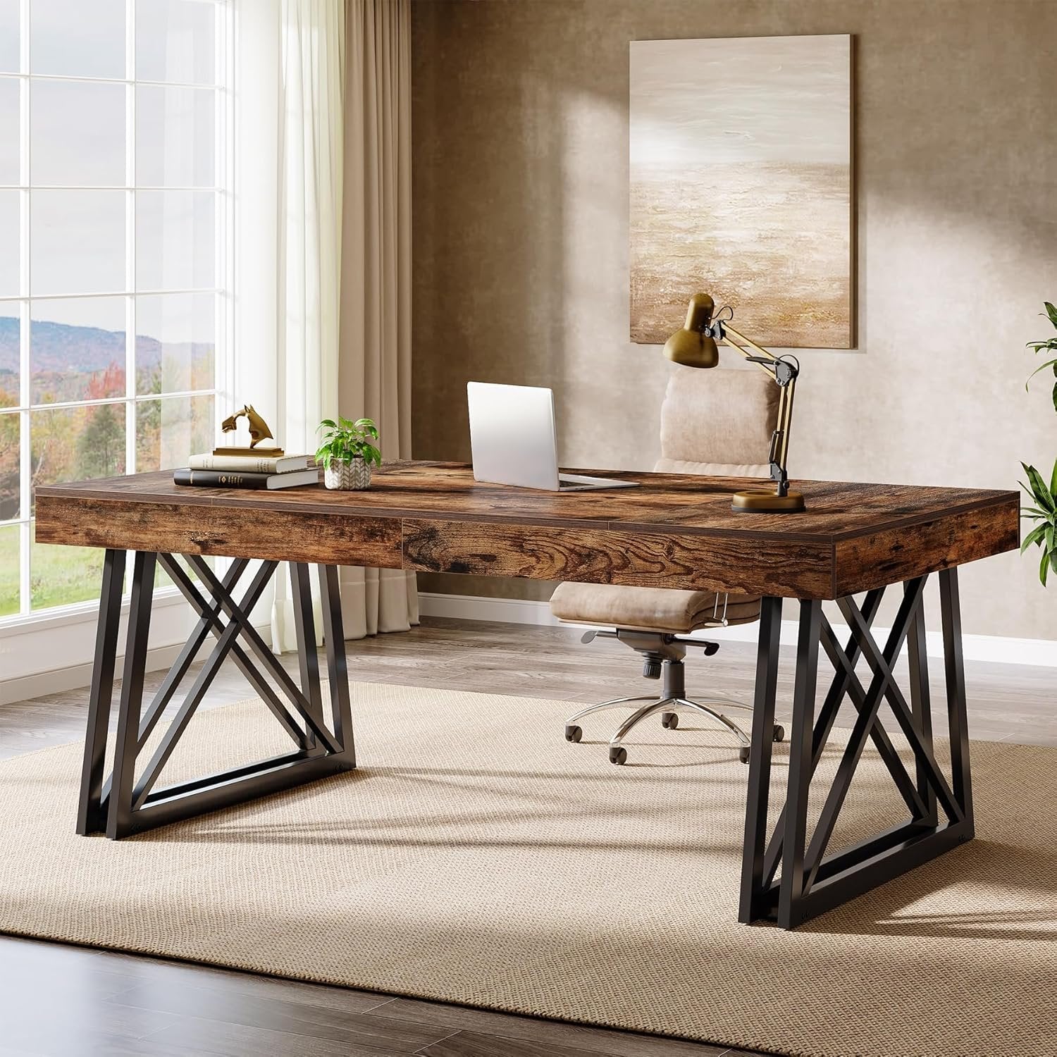 63" Rustic Executive Desk - Farmhouse Office Computer Desk with X-Legs, Brown & Black