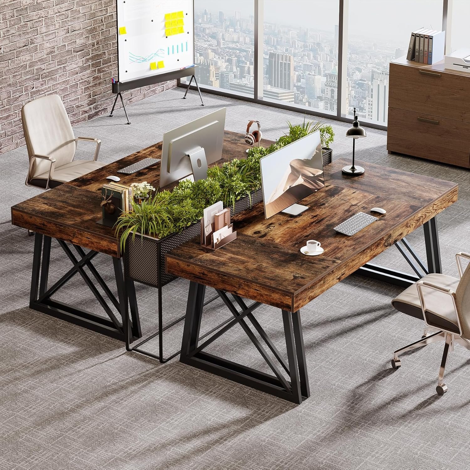 63" Rustic Executive Desk - Farmhouse Office Computer Desk with X-Legs, Brown & Black