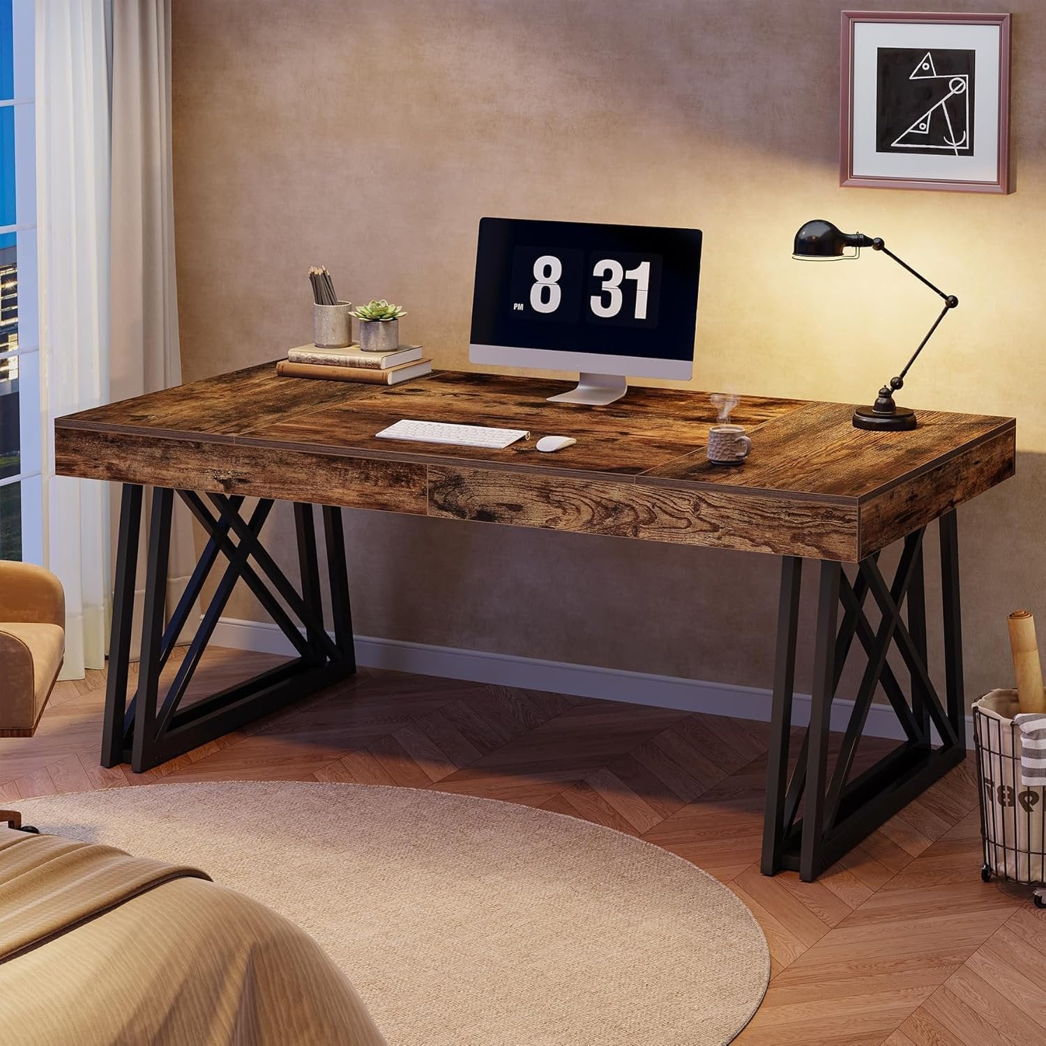 63" Rustic Executive Desk - Farmhouse Office Computer Desk with X-Legs, Brown & Black