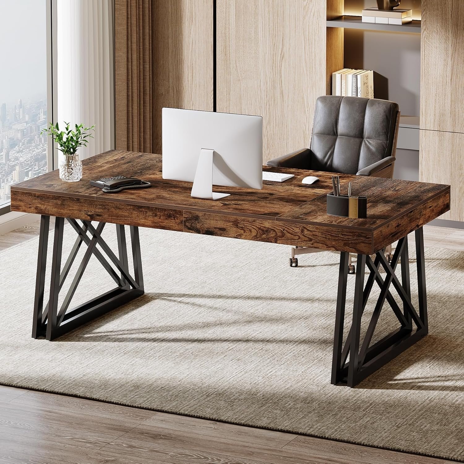 63" Rustic Executive Desk - Farmhouse Office Computer Desk with X-Legs, Brown & Black