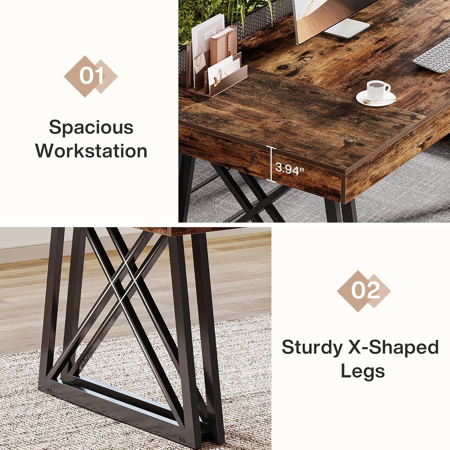 63" Rustic Executive Desk - Farmhouse Office Computer Desk with X-Legs, Brown & Black
