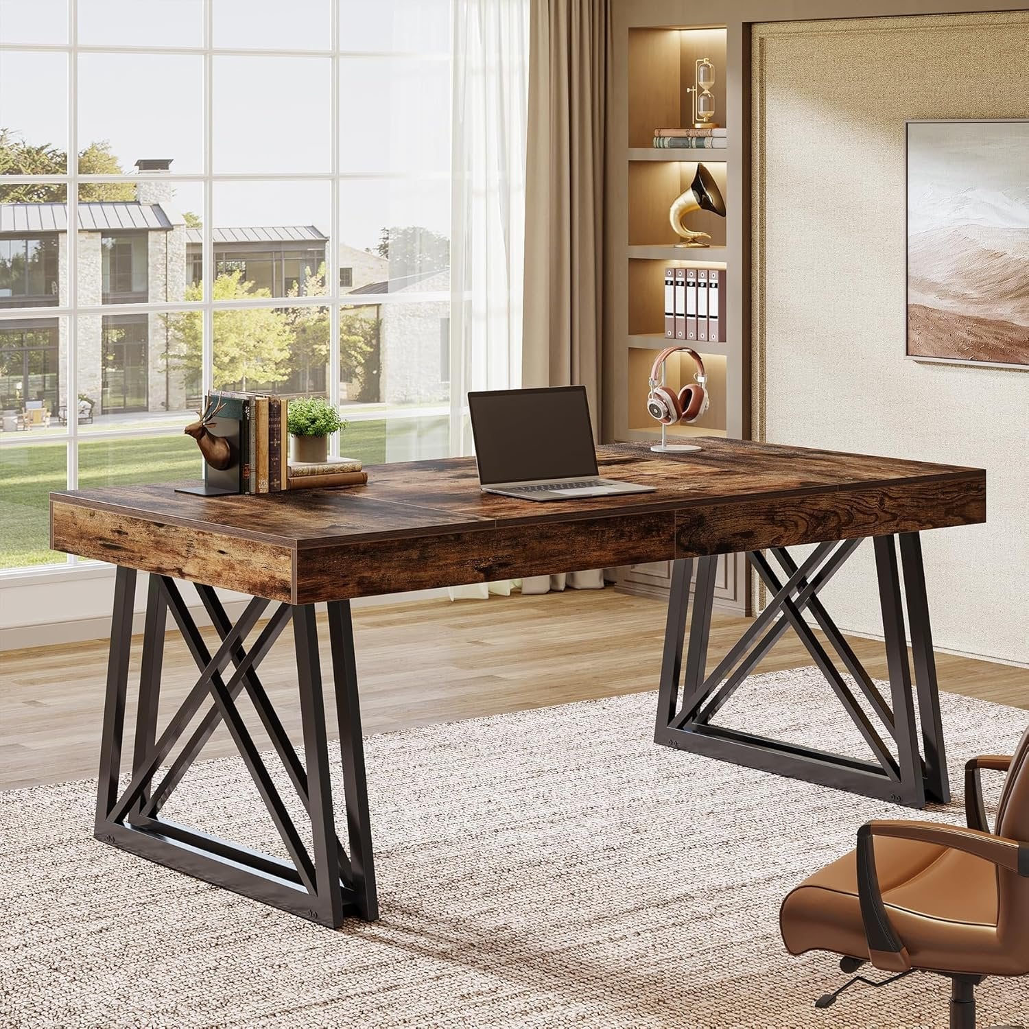 63" Rustic Executive Desk - Farmhouse Office Computer Desk with X-Legs, Brown & Black