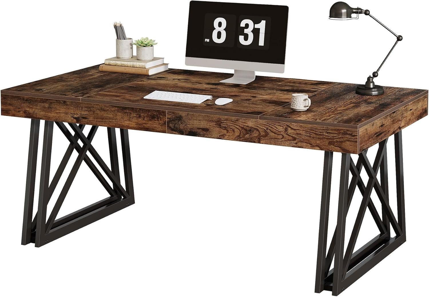 63" Rustic Executive Desk - Farmhouse Office Computer Desk with X-Legs, Brown & Black
