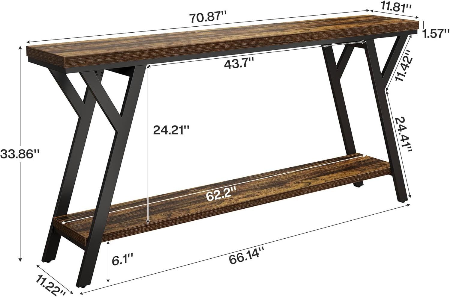 70.9" Industrial Console Table, Two-Tier Entryway Sofa Table in Rustic Brown