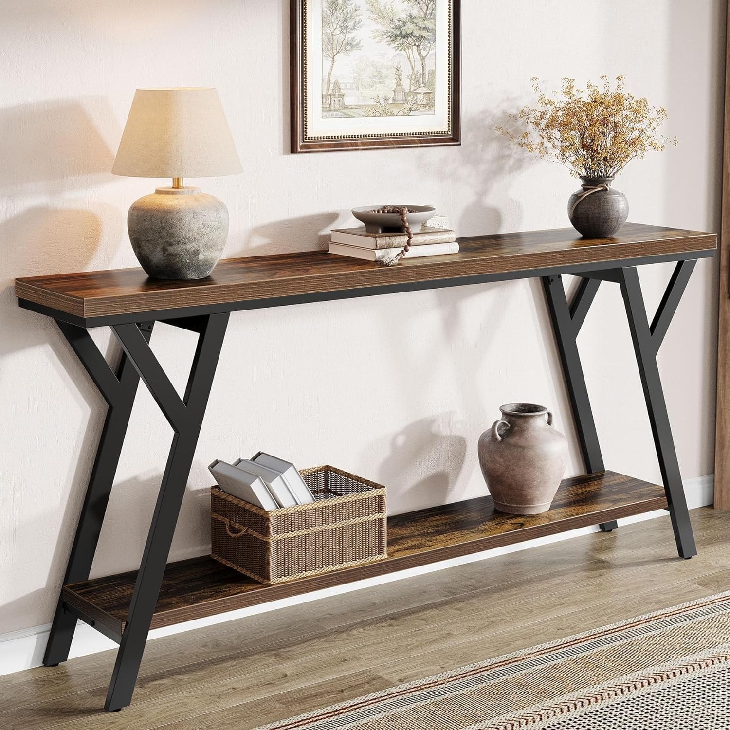 70.9" Industrial Console Table, Two-Tier Entryway Sofa Table in Rustic Brown