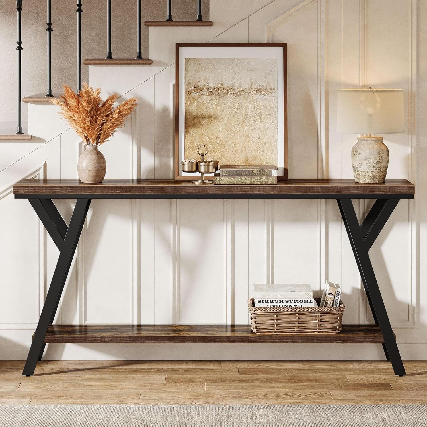 70.9" Industrial Console Table, Two-Tier Entryway Sofa Table in Rustic Brown