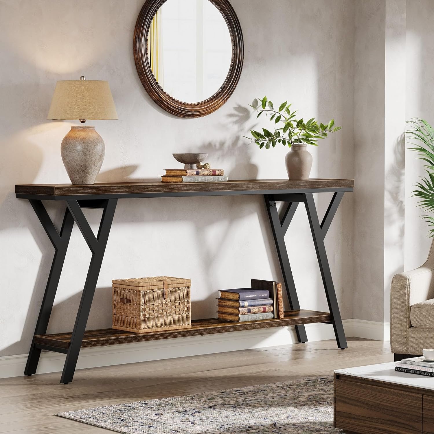 70.9" Industrial Console Table, Two-Tier Entryway Sofa Table in Rustic Brown