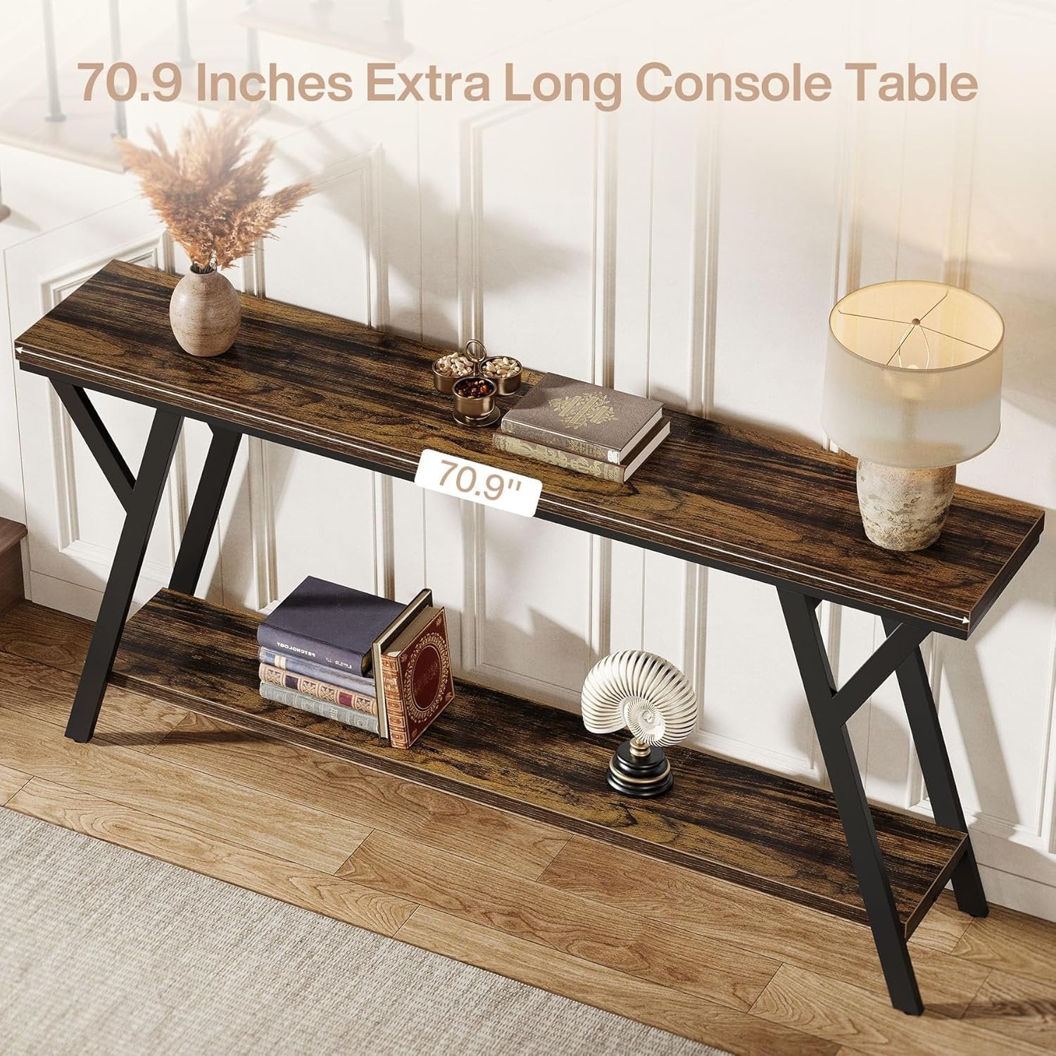 70.9" Industrial Console Table, Two-Tier Entryway Sofa Table in Rustic Brown