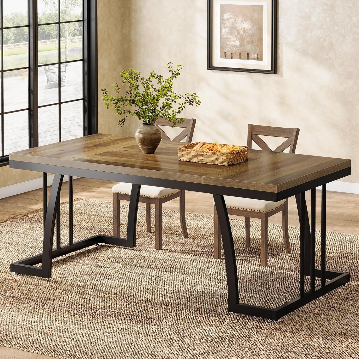 6-Seater Rustic Dining Table, 63" Rectangular Wood Table with Metal Frame for Dining Room
