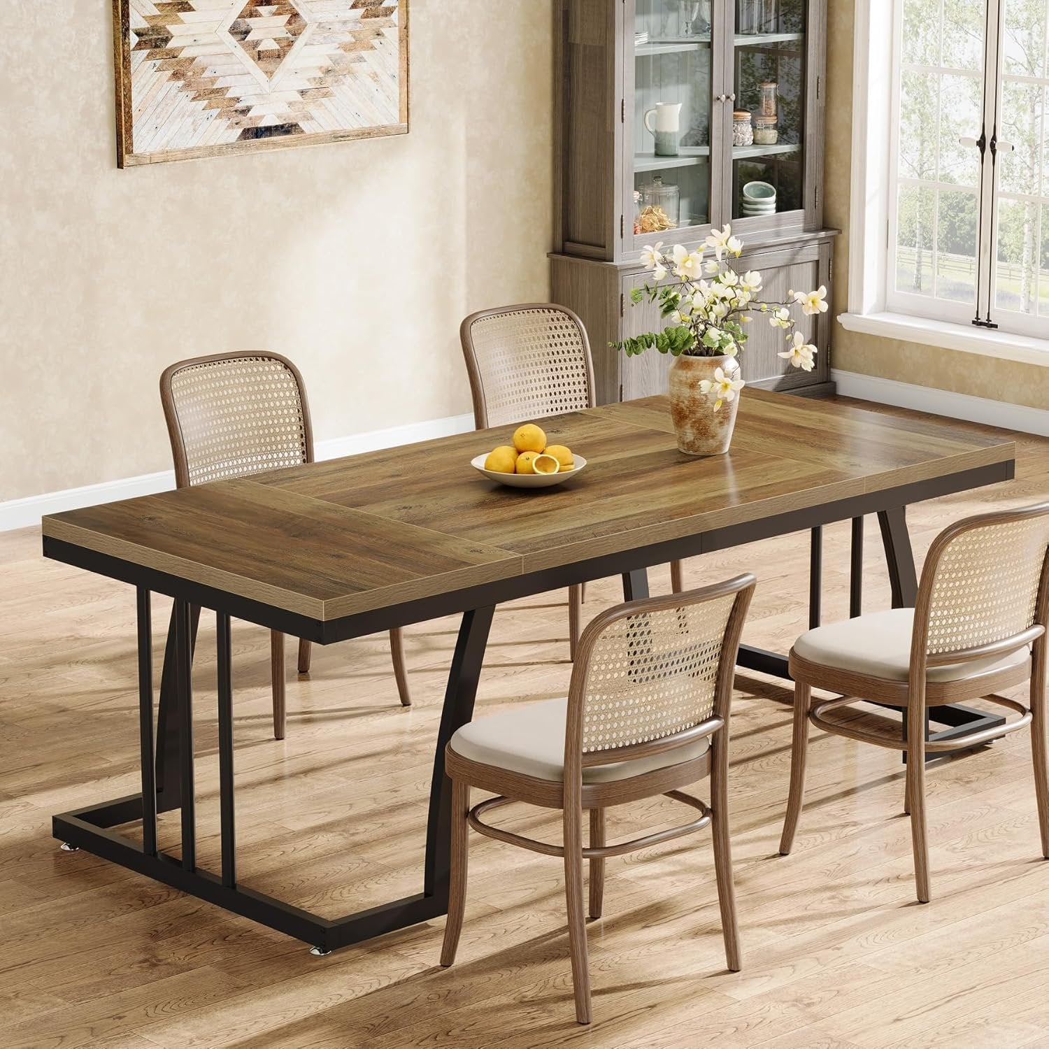 6-Seater Rustic Dining Table, 63" Rectangular Wood Table with Metal Frame for Dining Room
