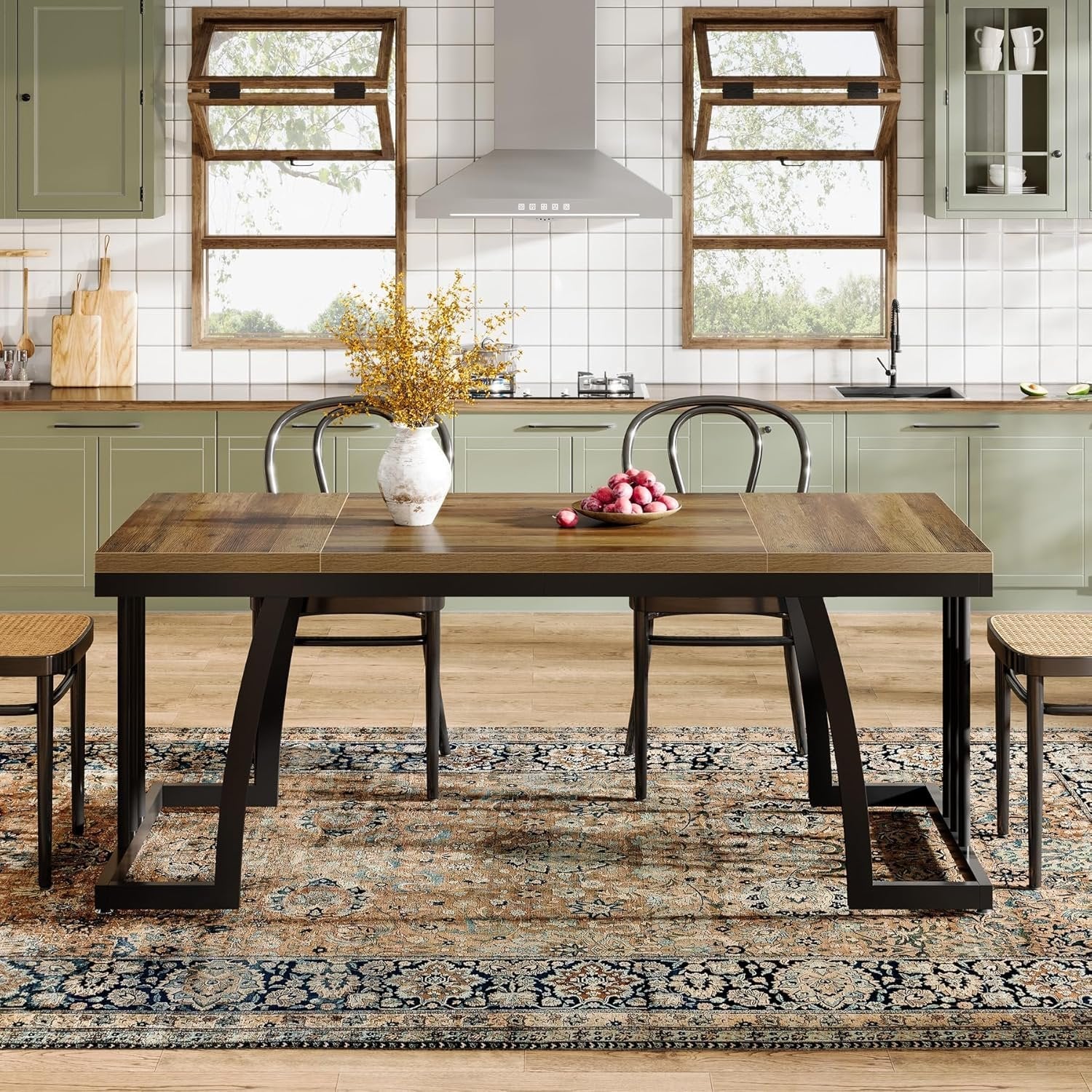 6-Seater Rustic Dining Table, 63" Rectangular Wood Table with Metal Frame for Dining Room